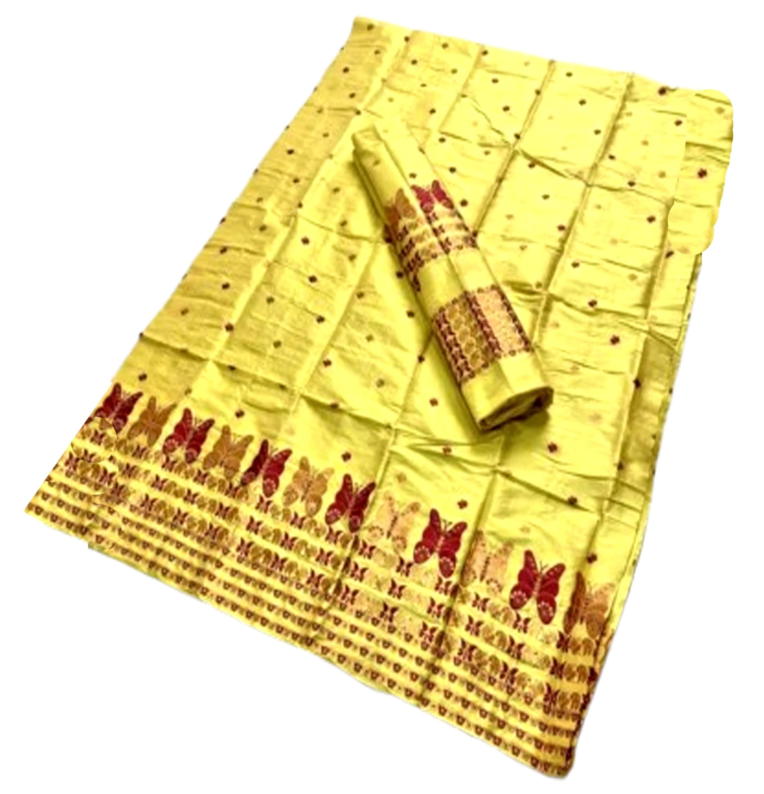 Women`s Assamese Mekhela Sador Chador Pat  Traditional Design- Yellow Butterfly