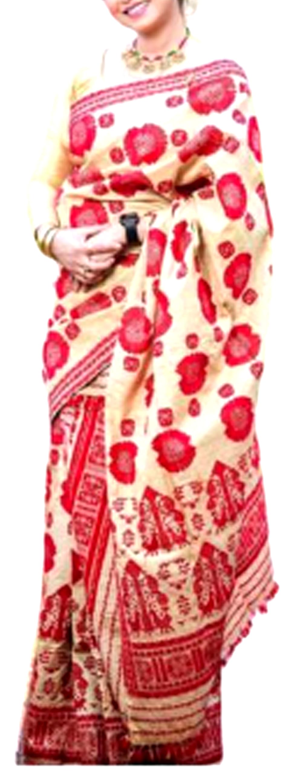 Women`s Assamese Bridal Mekhela Sador Traditional Design- Cream Red