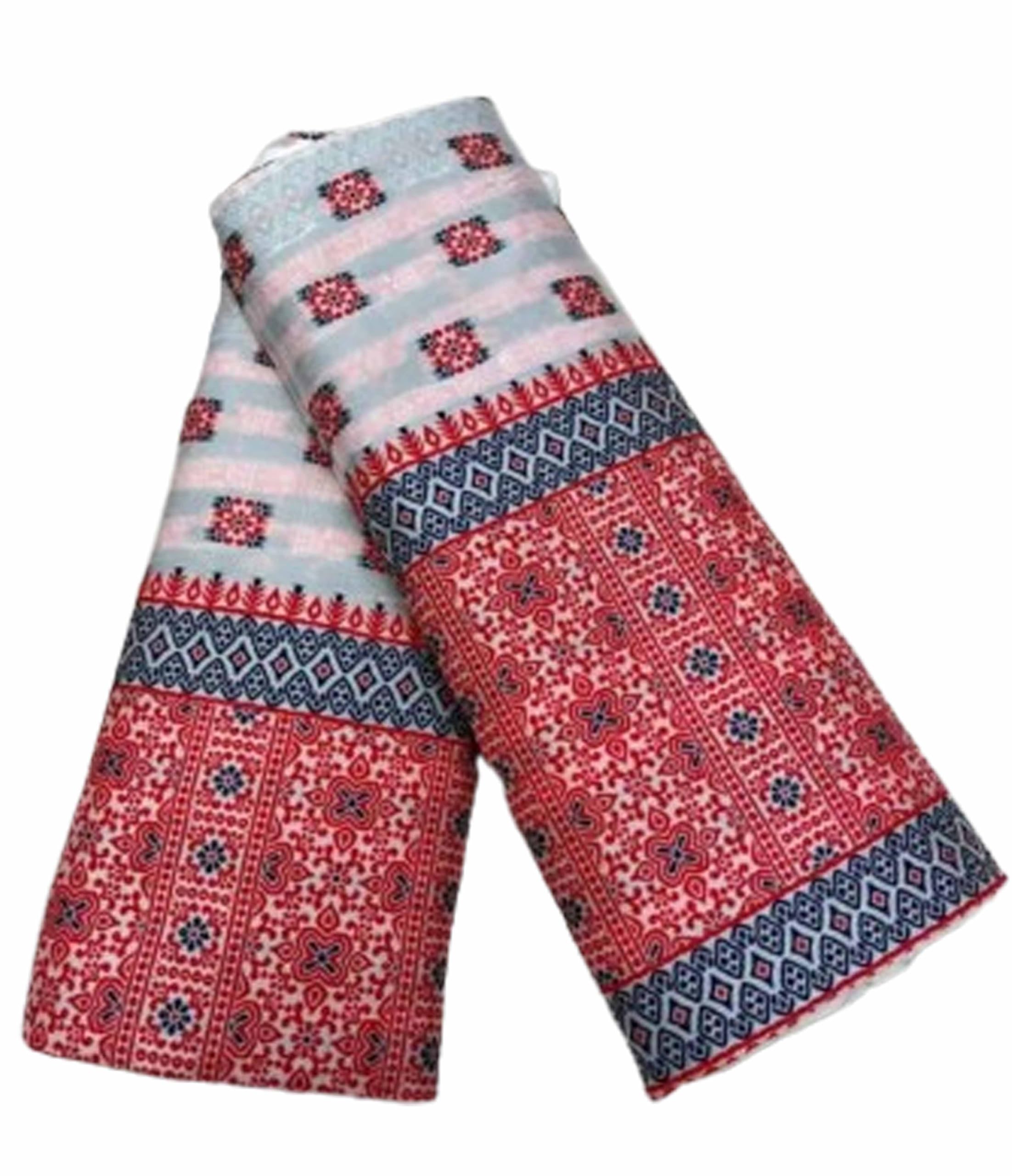 Women`s Assamese Mekhela Cotton Sador Traditional Design- White Red Buti