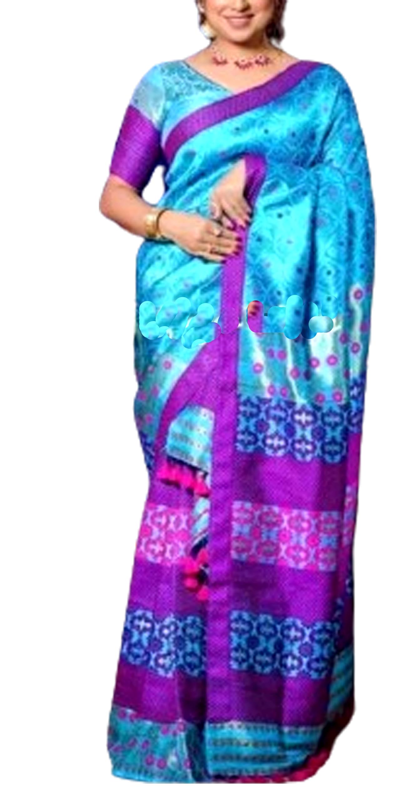 Women`s Bridal Assamese Mekhela Sador Pure Fabric Soft Silk Traditional Design- Sky Blue Purple