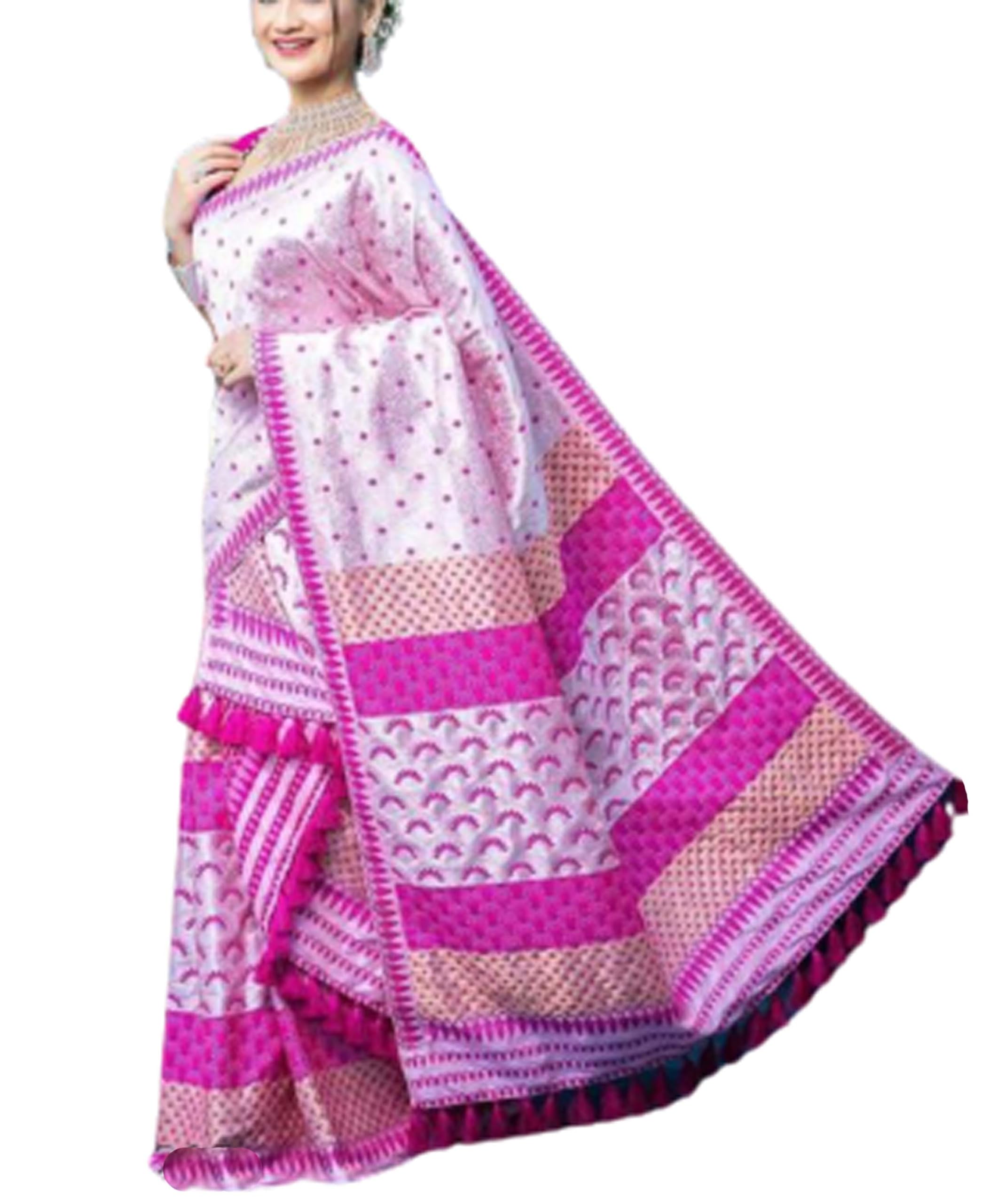 Women`s Bridal Assamese Mekhela Sador Chador Pat Traditional Design- White Pink