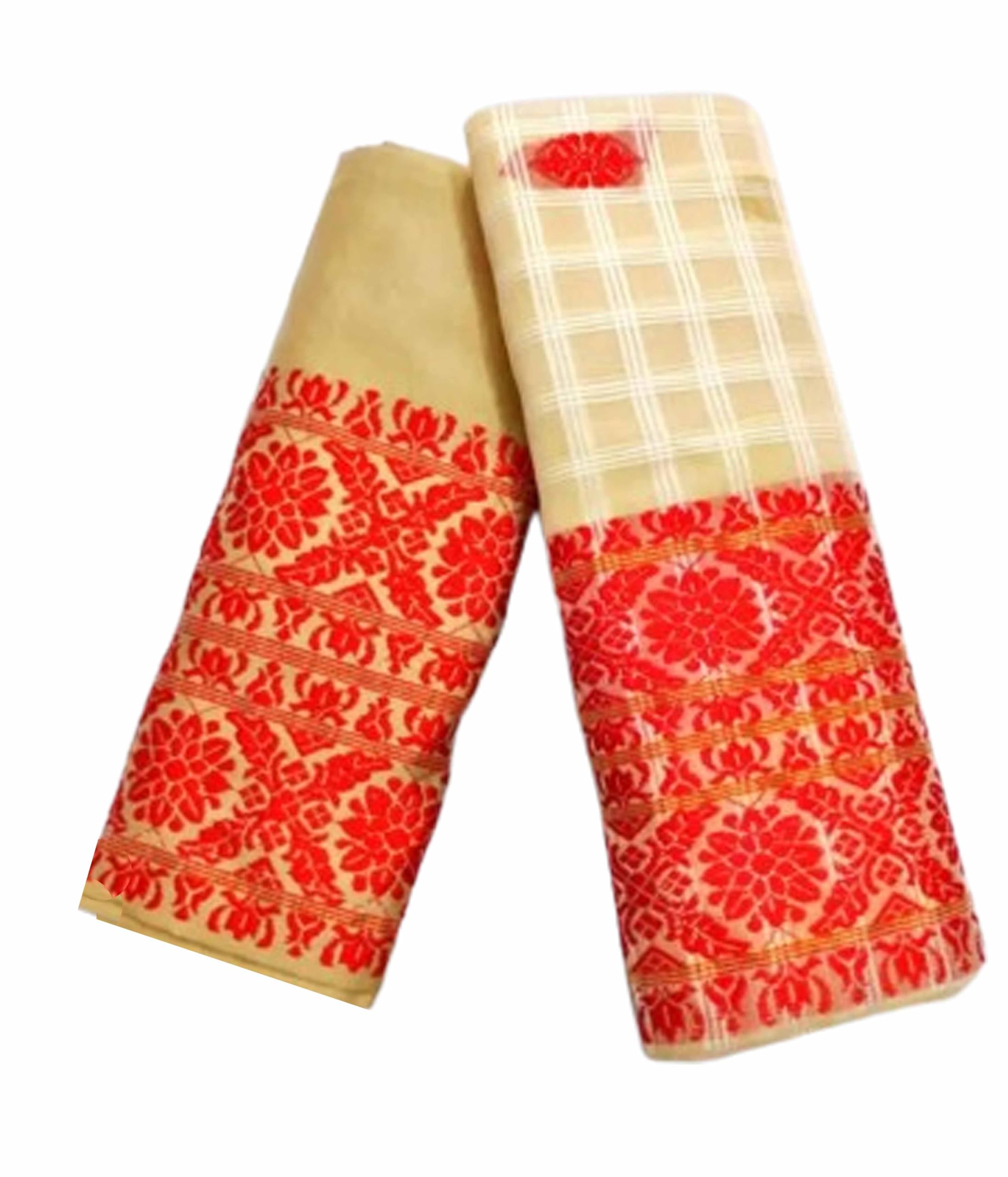 Women`s Assamese Mekhela Sador Traditional Design-Cream Orange