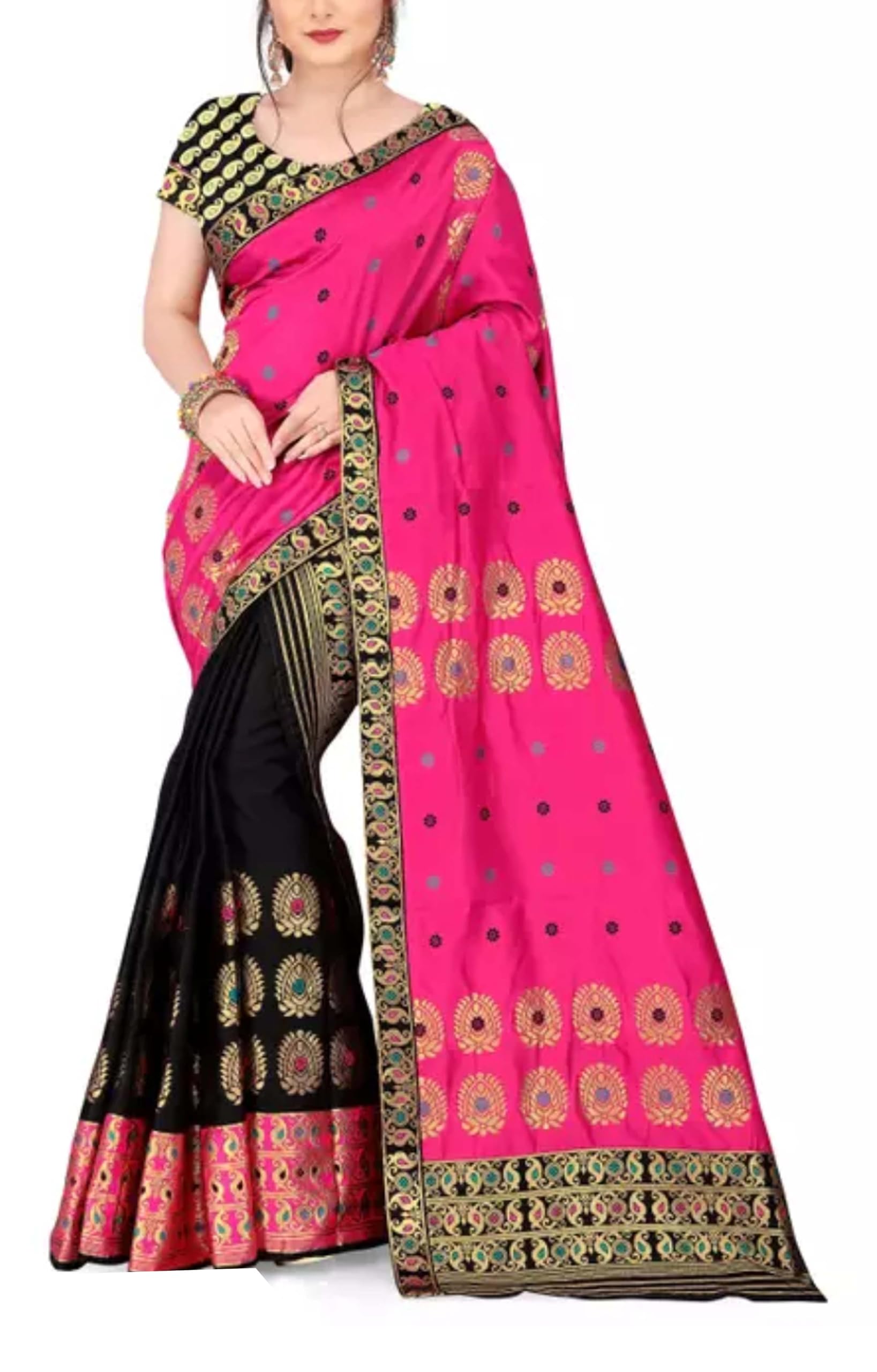 Women`s Assamese Mekhela Sador Traditional Design- Pink Black