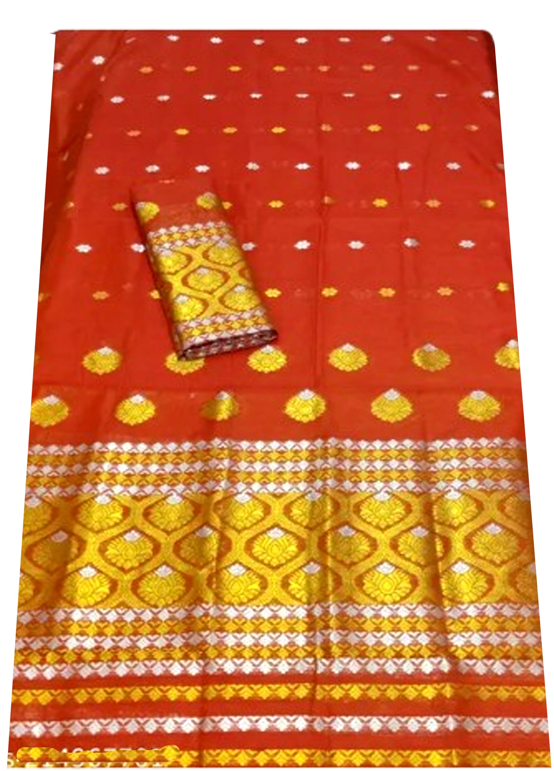 Women`s Bridal Wedding Assamese Mekhela Sador Traditional Design-Red Yellow