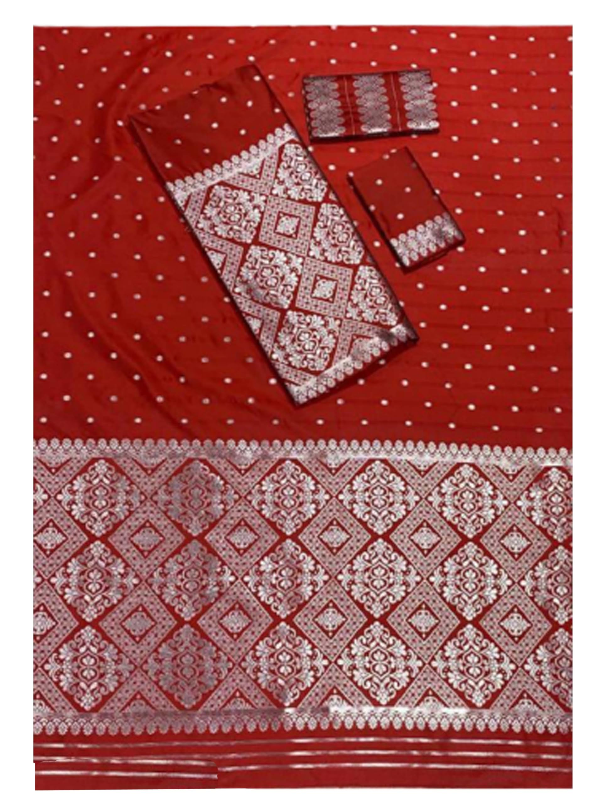 Women`s Bridal Assamese Mekhela Sador Pure Fabric Soft Silk Traditional Design- Red