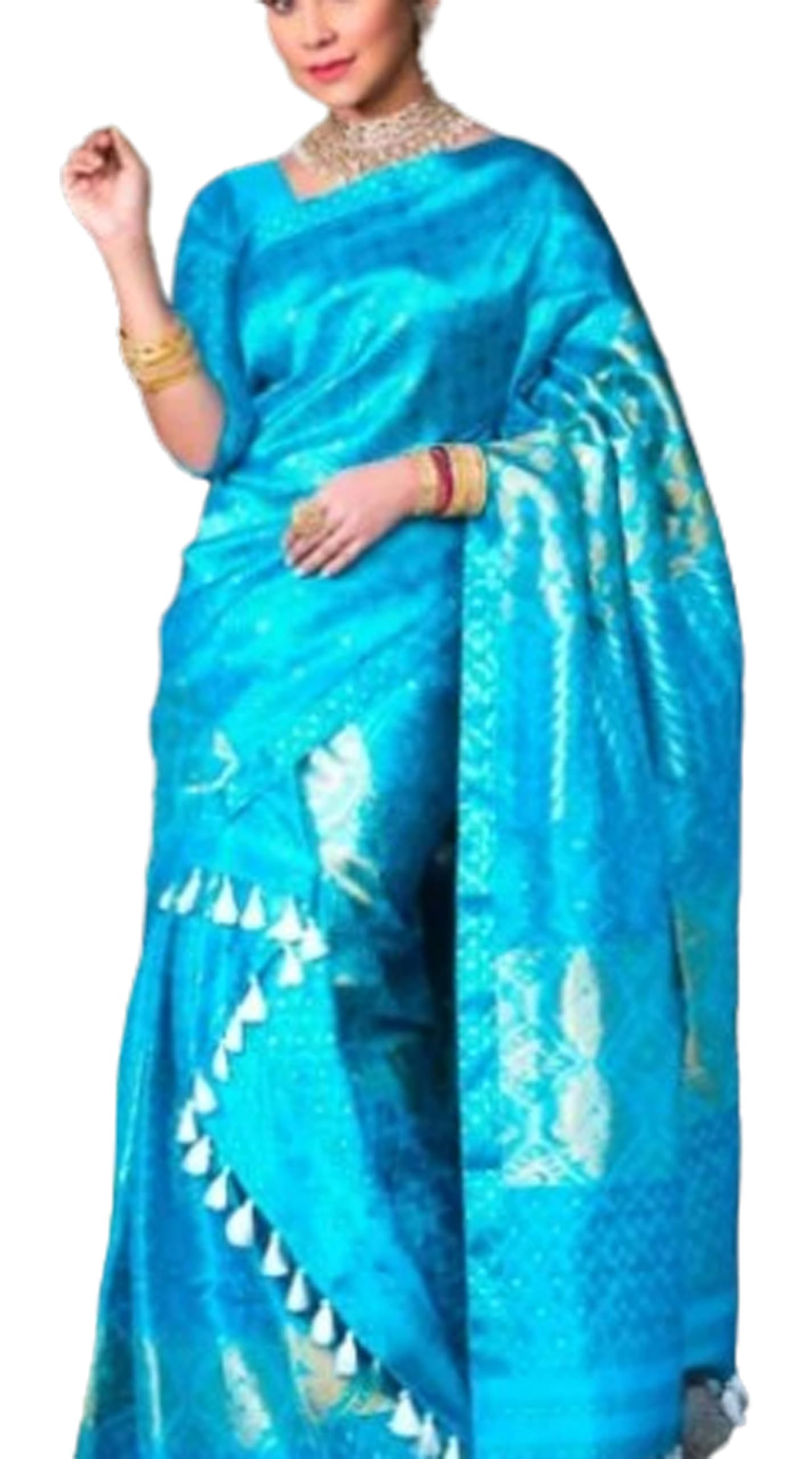 Women`s Assamese Mekhela Sador Traditional Design- Sky light Blue