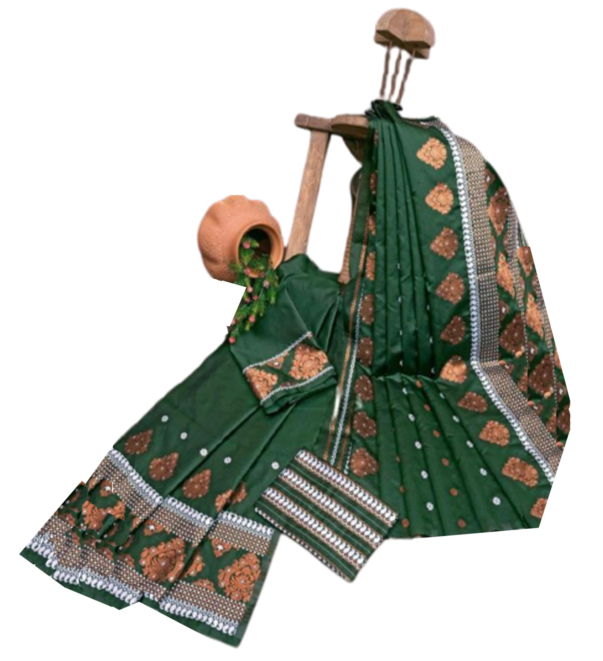 Women`s Assamese Mekhela Sador Chador Pat Traditional Design- Green