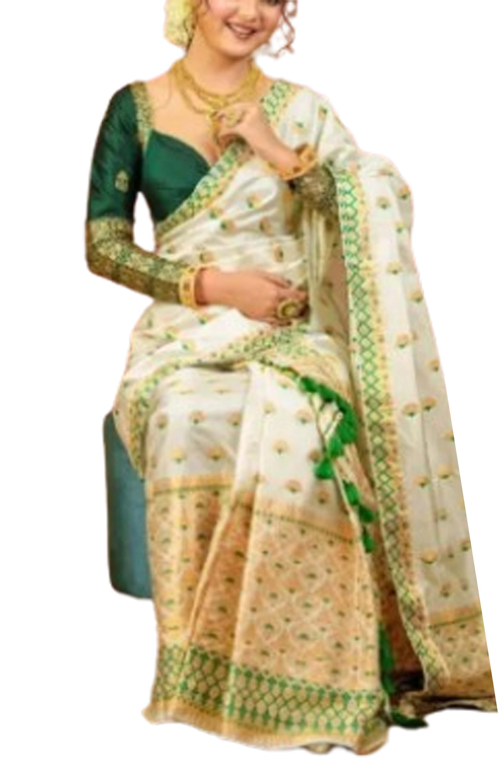 Women`s Assamese Mekhela Sador Chador Pat Traditional Design-White Green