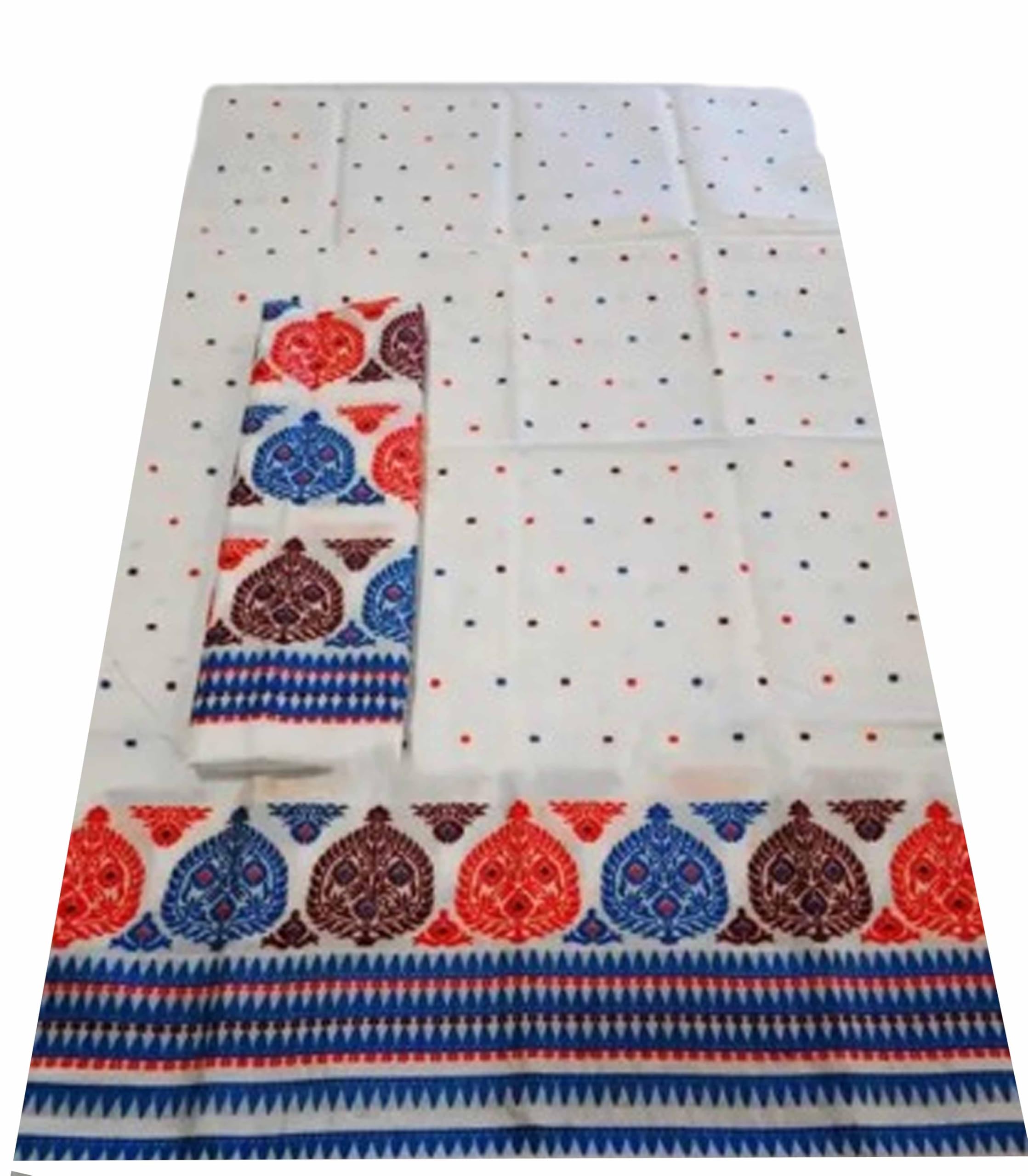 Women`s Assamese Mekhela Cotton Sador Traditional Design- White Blue