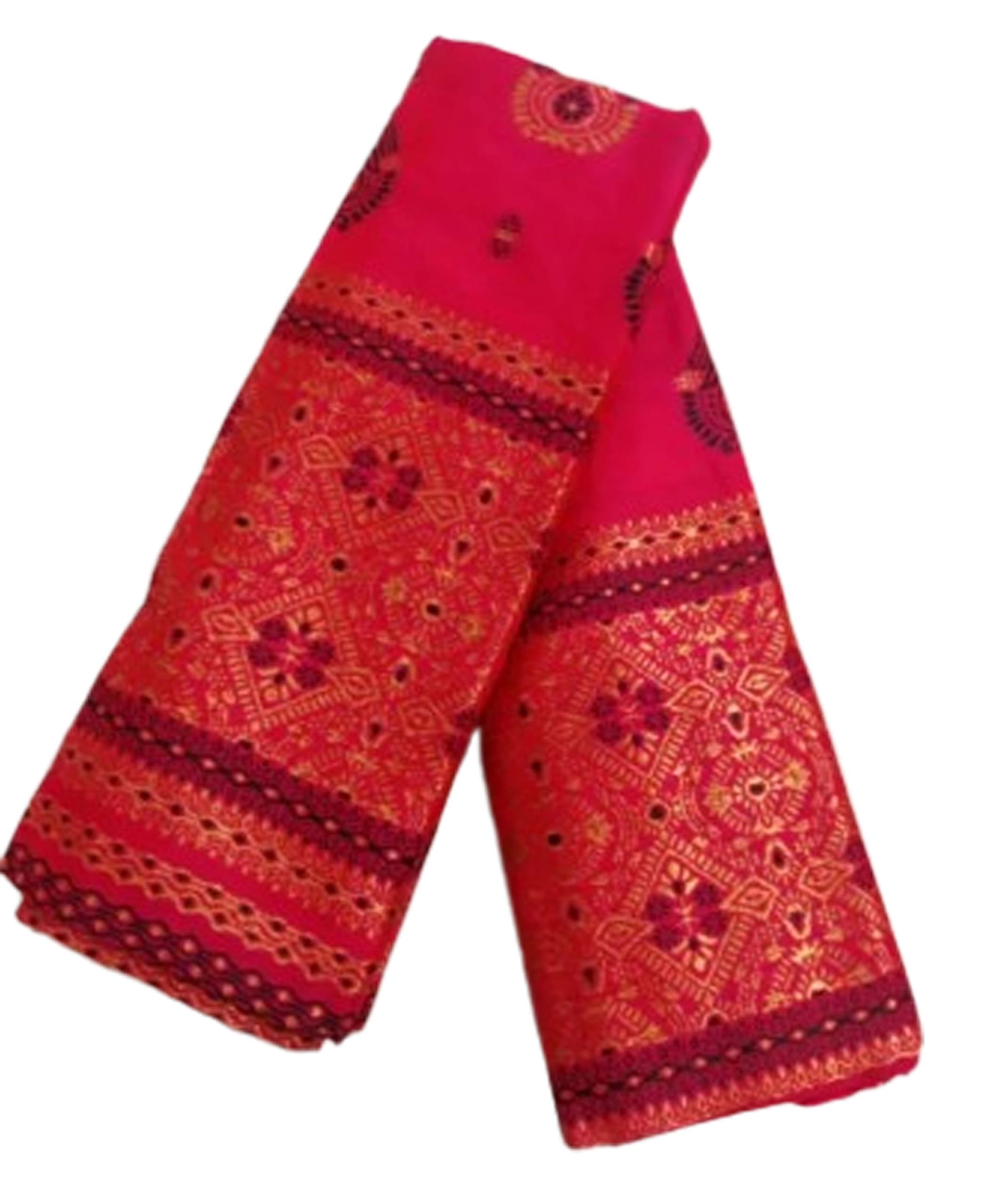 Women`s Bridal Wedding Assamese Mekhela Sador Chador Pat Traditional Design-Red Flower