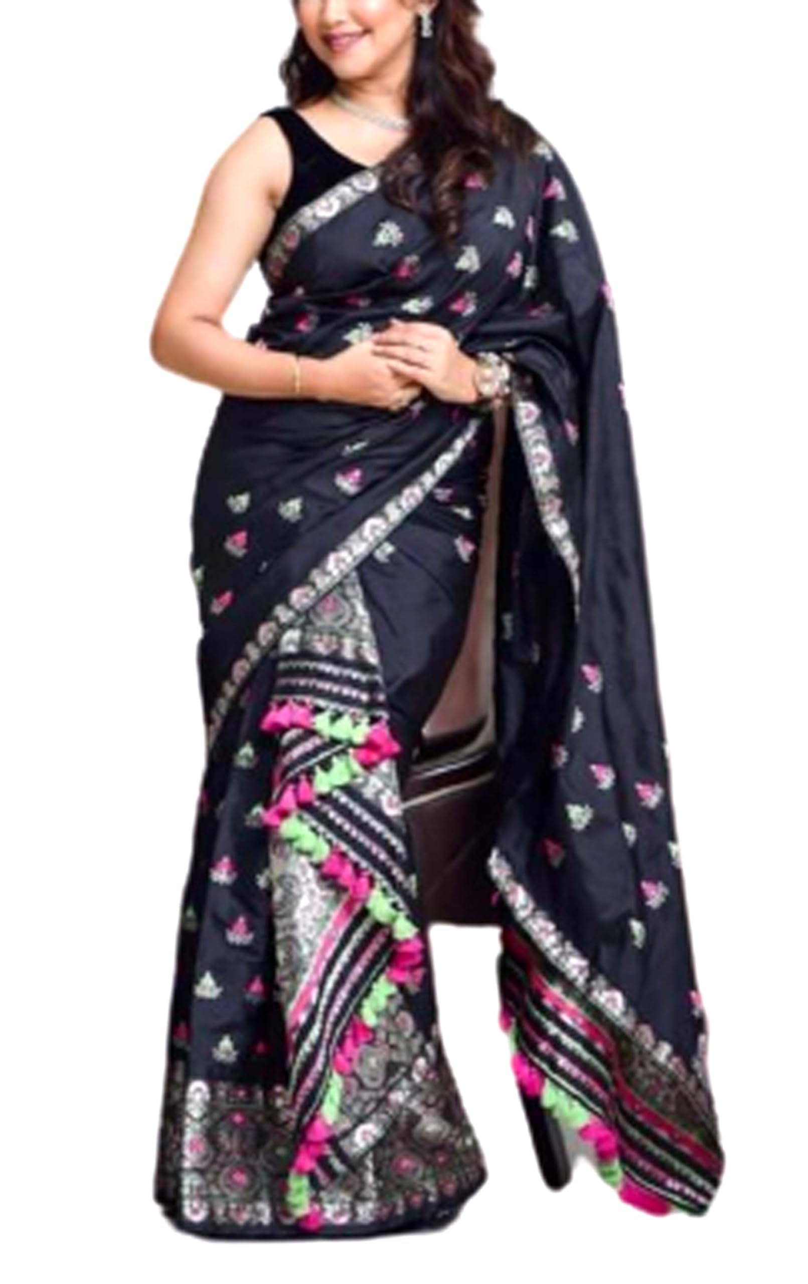 Women`s Assamese Mekhela Sador Fabric of Soft Silk Traditional Design- Black