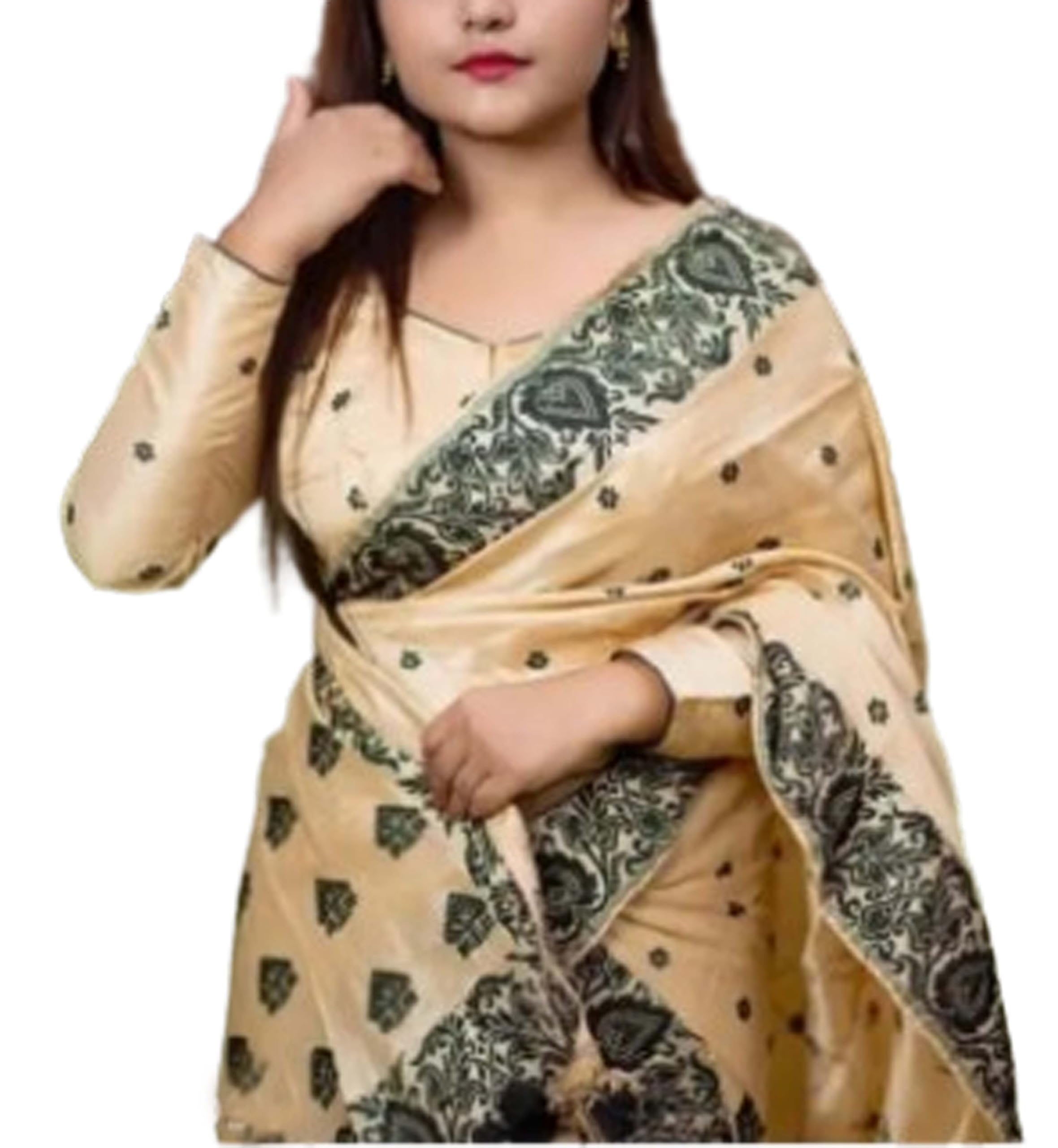 Women`s Assamese Mekhela Sador Traditional Design- Off White Black Buti