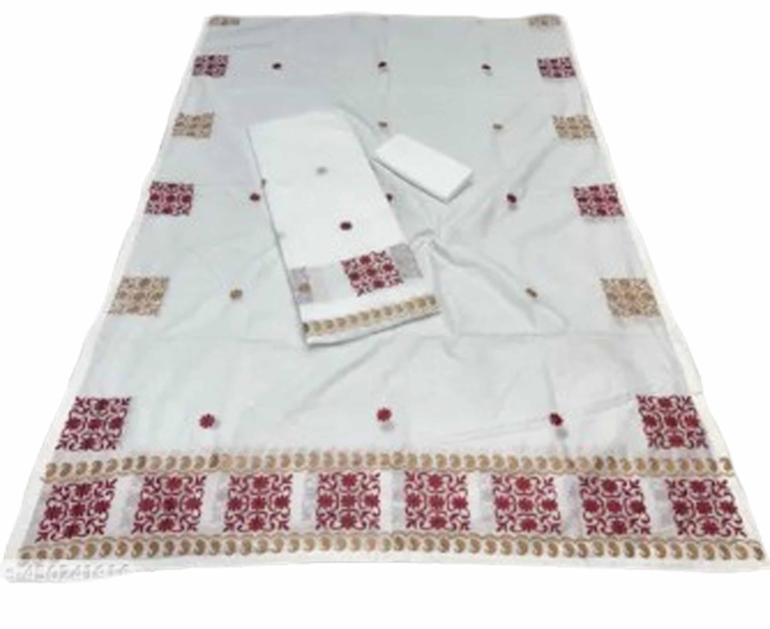 Women`s Assamese Mekhela Sador Traditional Design- White Maroon Brown Alpona
