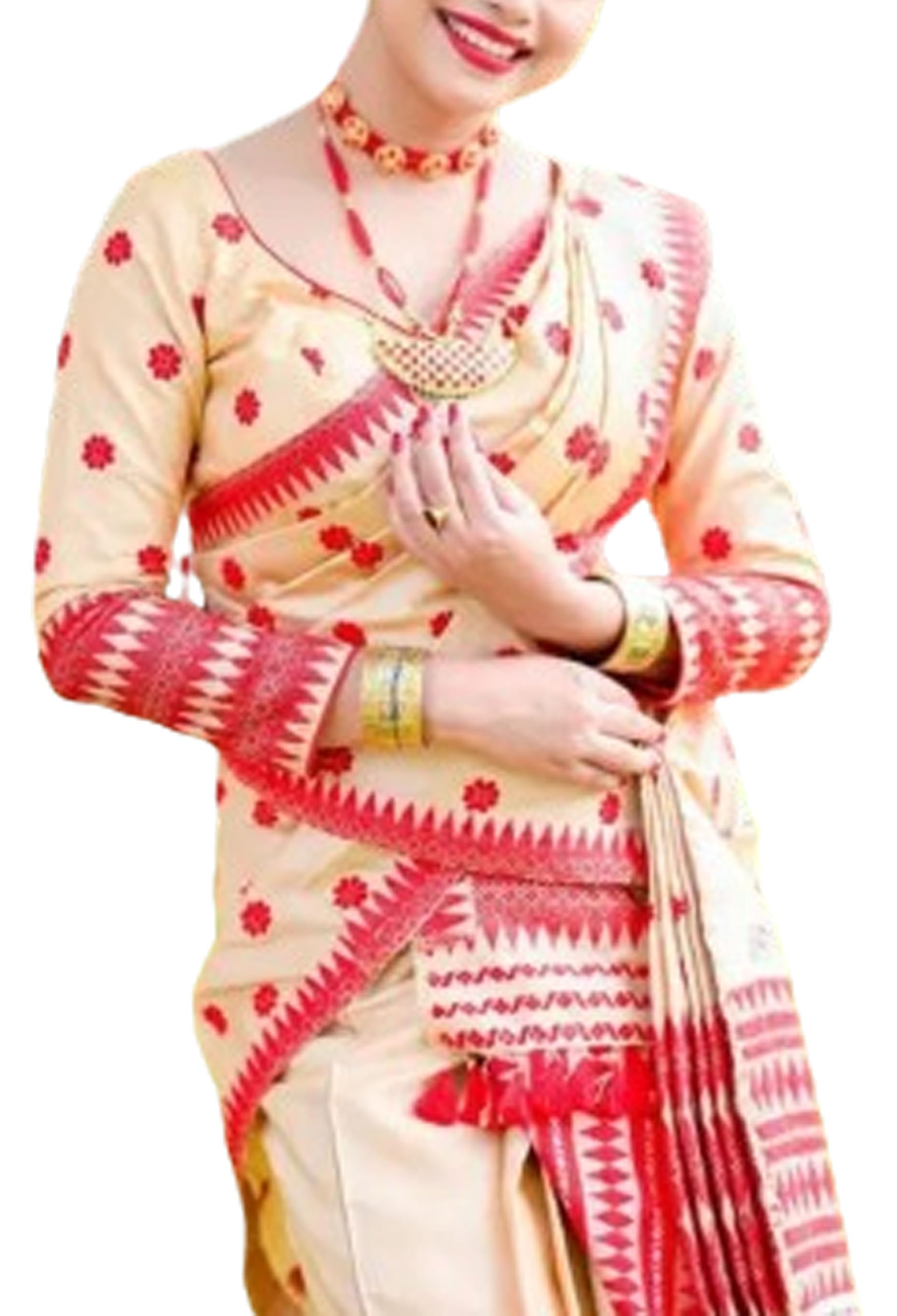 Women`S Assamese Mekhela Sador Traditional Design Saree - Cream Buti