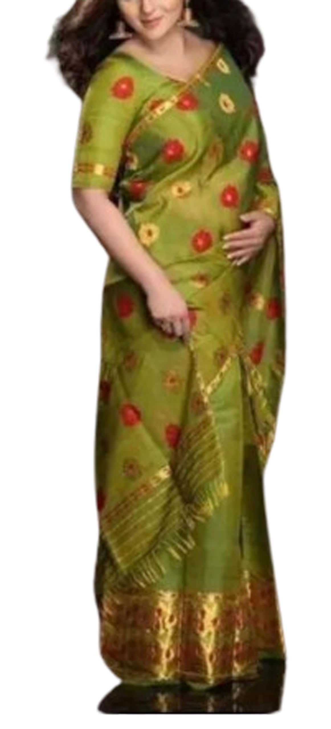 Women`s Bridal Assamese Mekhela Sador Chador Pat Traditional Design-Olive Green