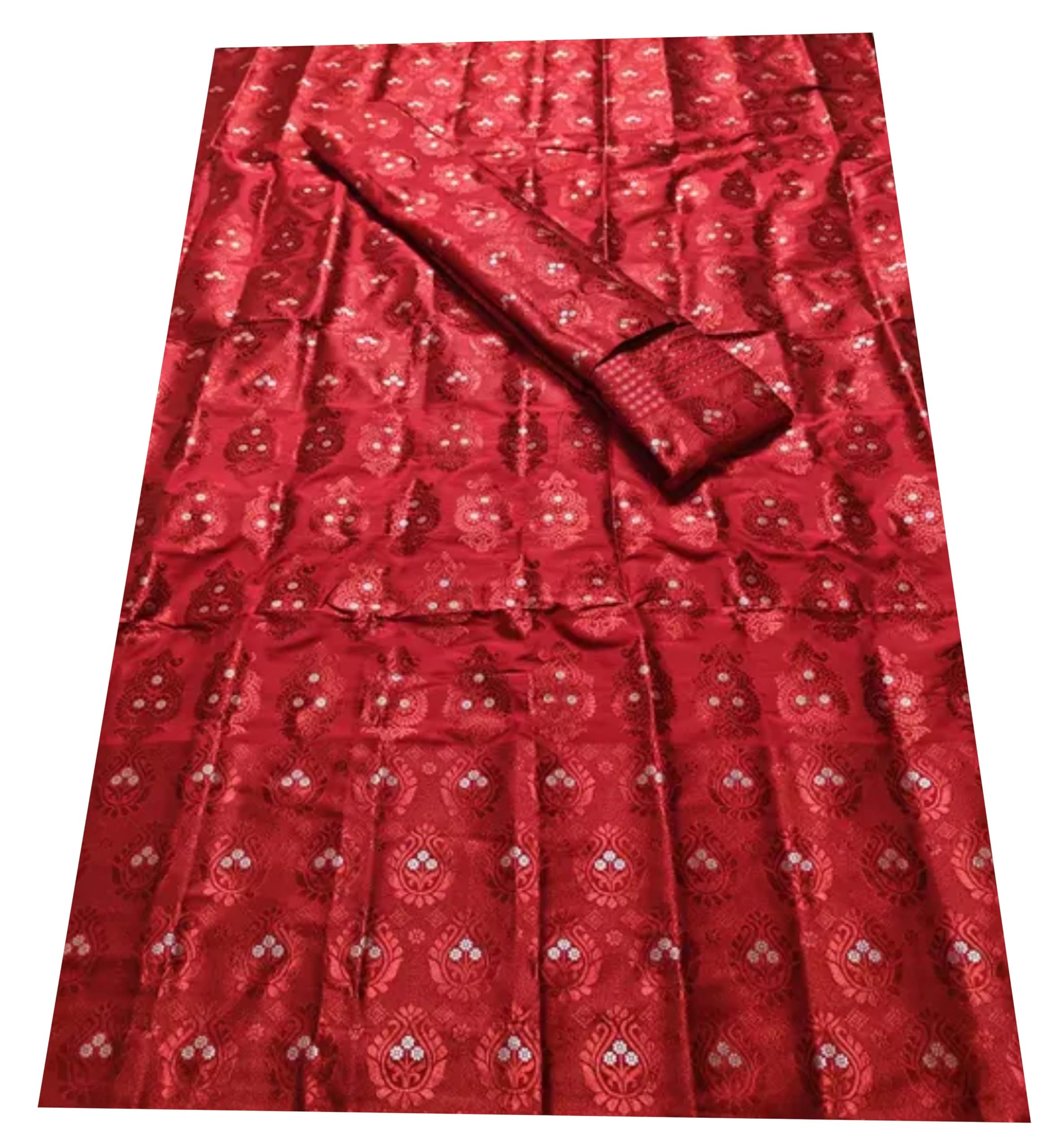 Women`s Assamese Mekhela Sador Paat Santal Panchi Lungi Parhar Fabric of Self Soft Silk Traditional Design-Maroon Red