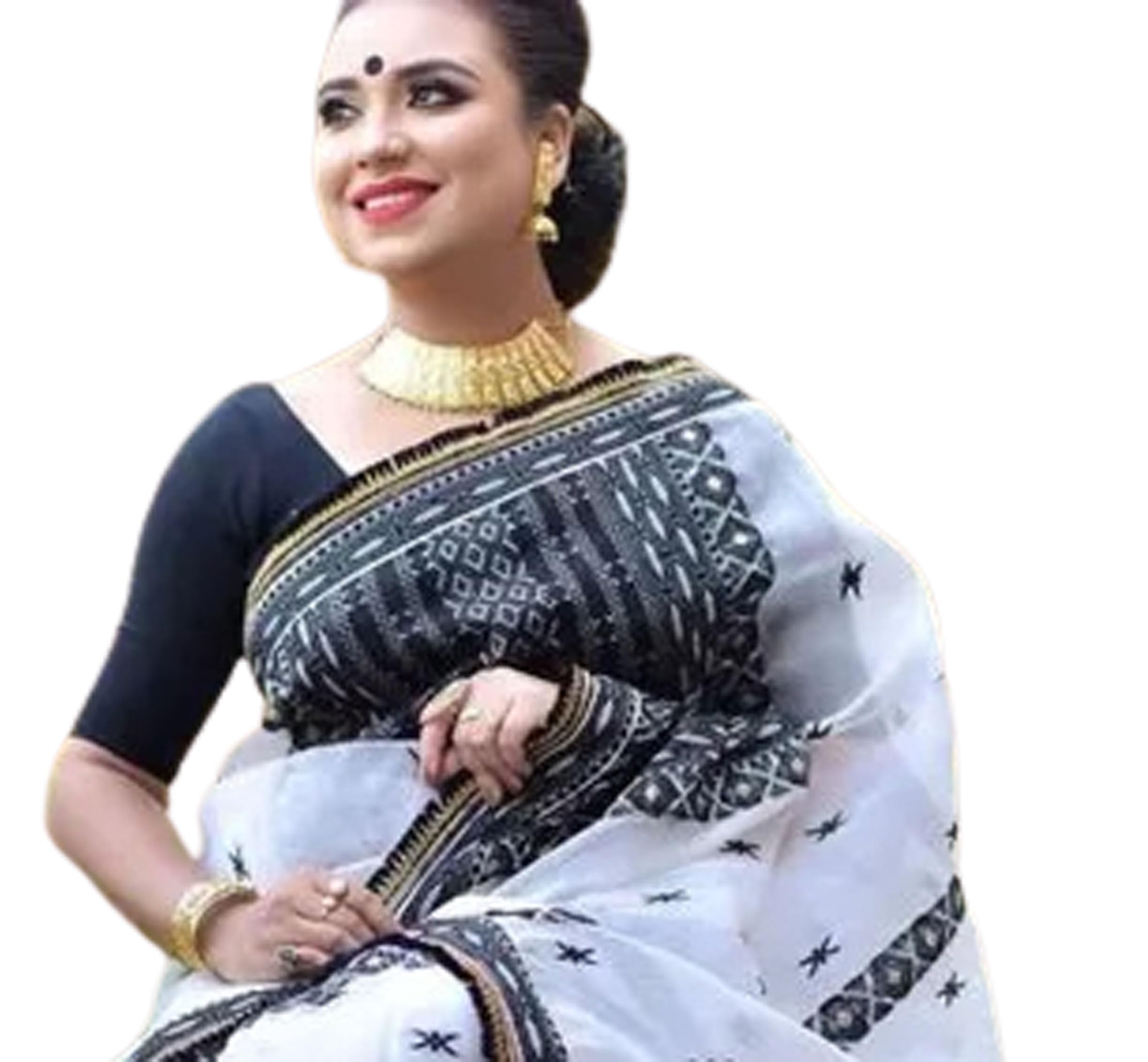 Women`s Assamese Mekhela Sador Cotton Silk Fabric of Soft Traditional Design- White Black
