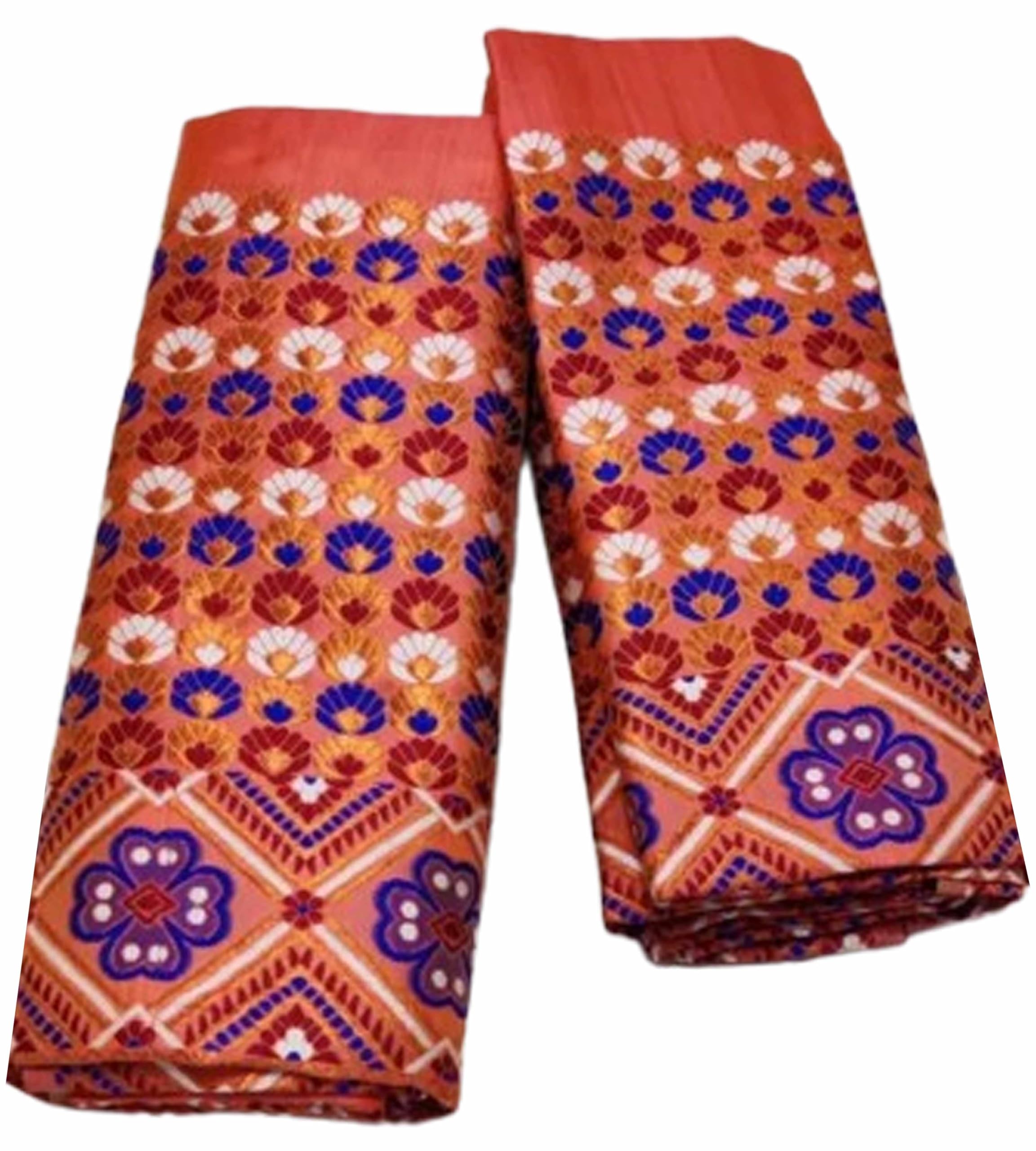 Women`s Assamese Mekhela Sador Chador Pat Traditional Design-Saffron Flower