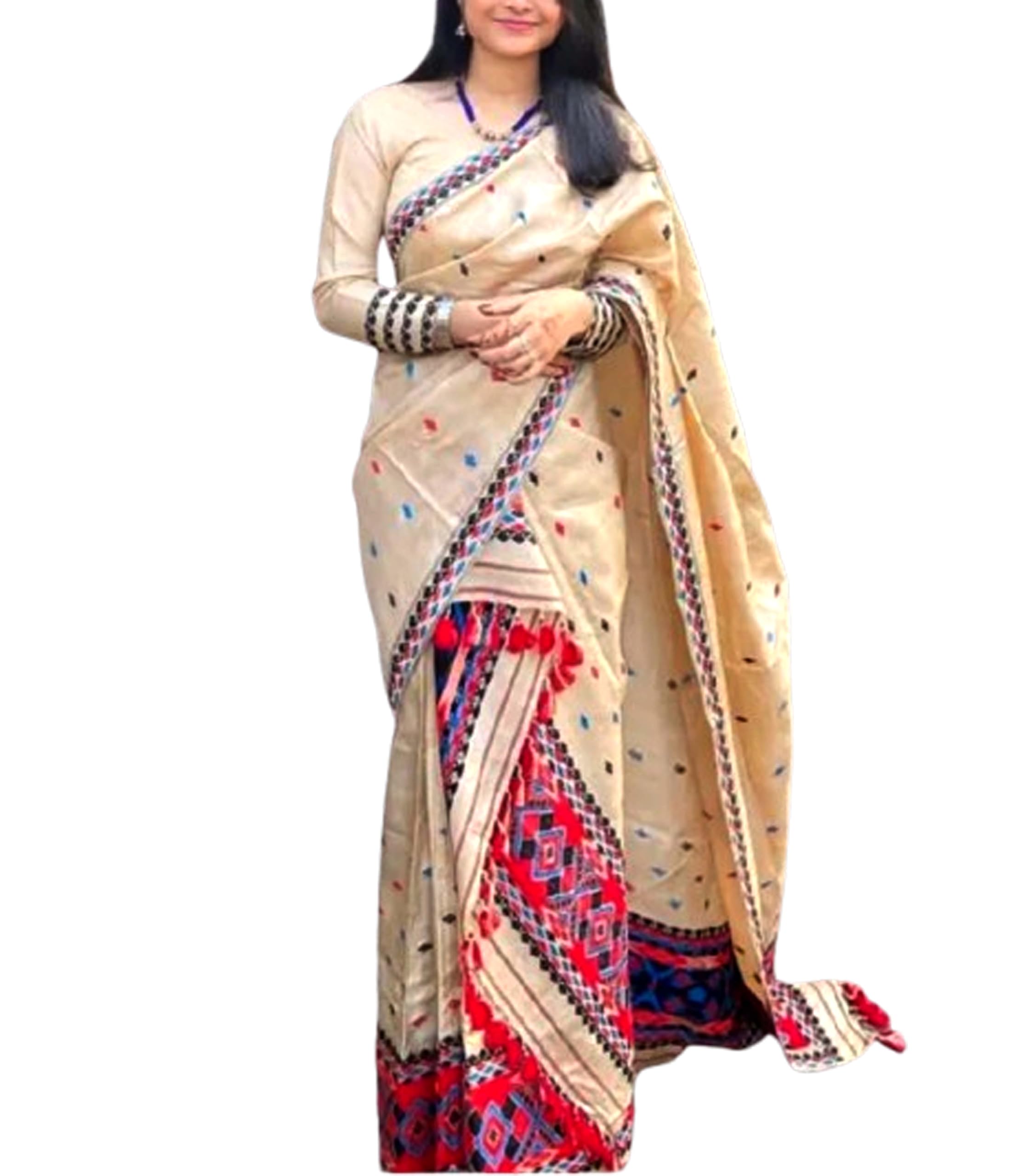 Women`s Assamese Mekhela Sador Traditional Design- Cream Red Design