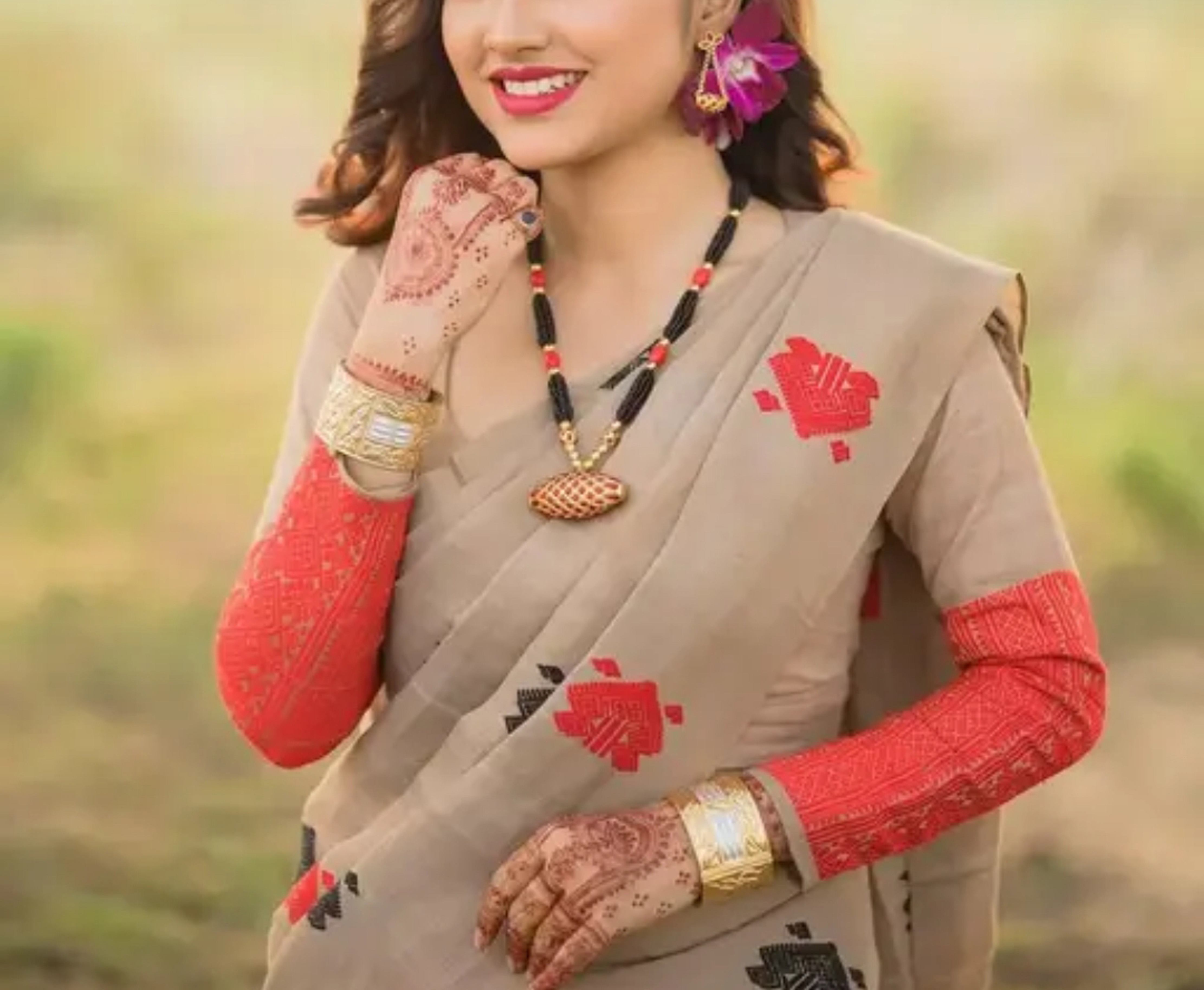 Beige and Red Bridal Wedding Assamese Mekhela Sador Handcrafted Chador