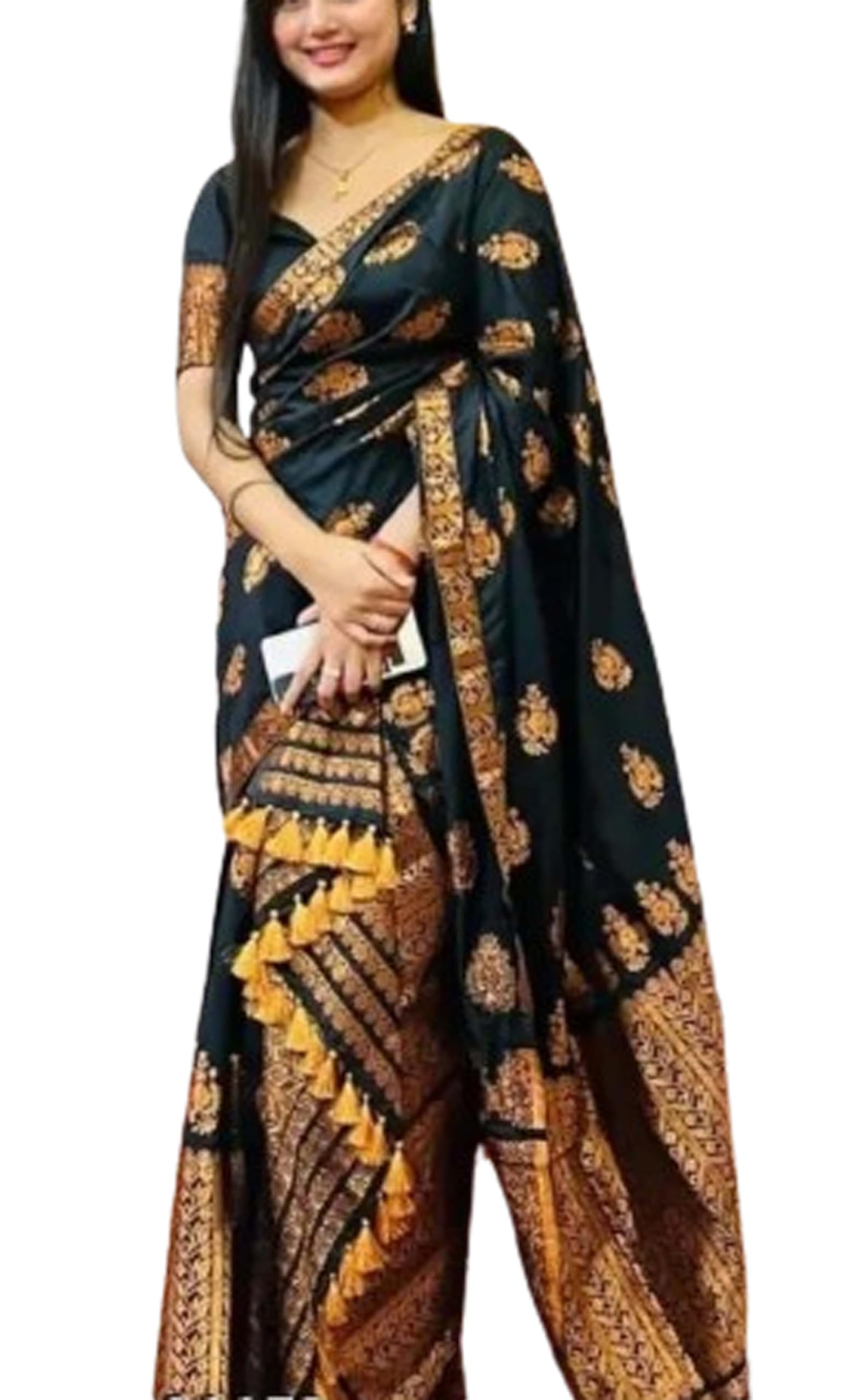 Women`s Assamese Mekhela Sador Chador Pat Traditional Design Saree- Bottle Green Gold