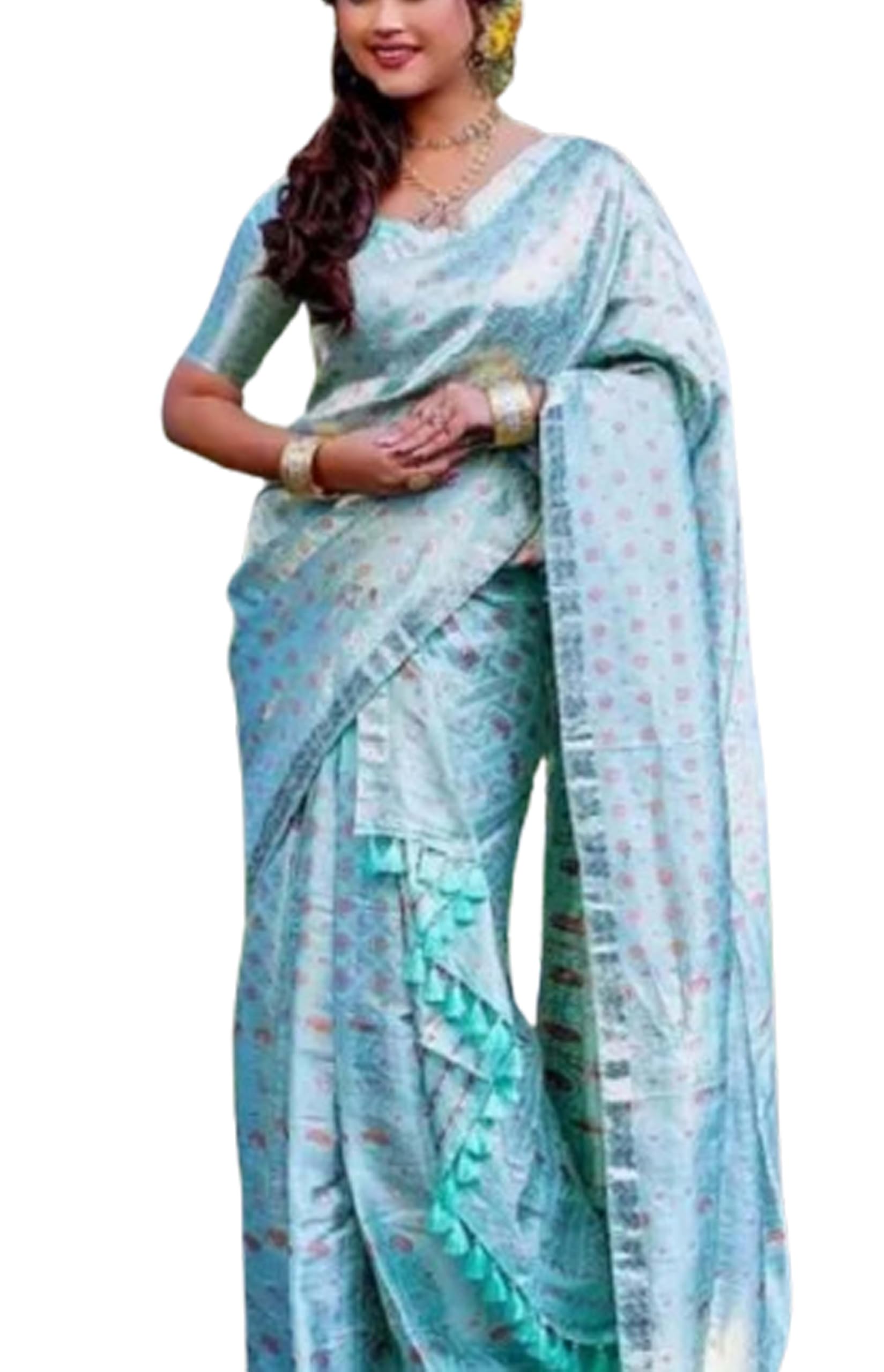 Women`s Assamese Mekhela Sador Chador Pat Traditional Design-Steal Blue