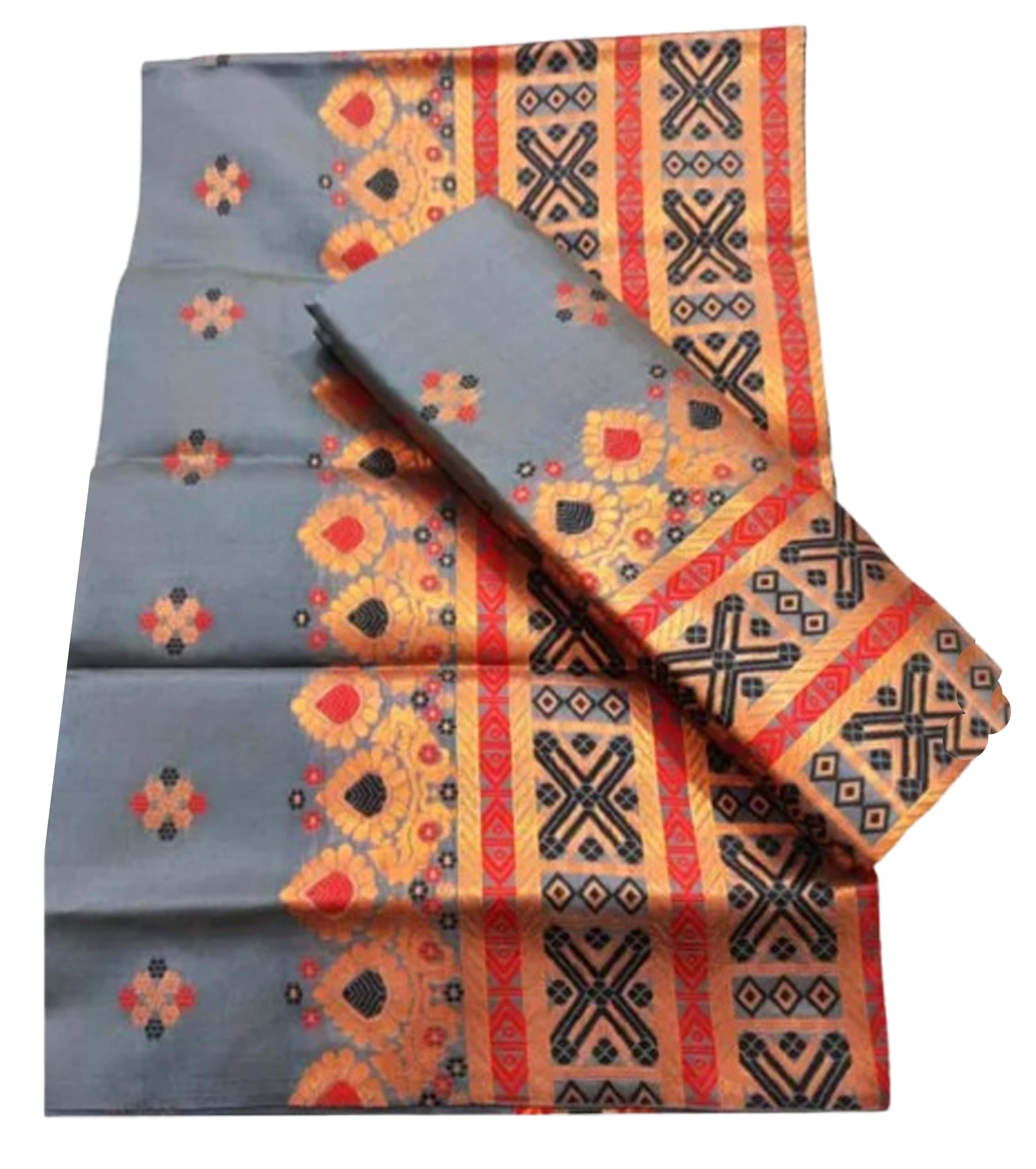 Women`s Assamese Assamese Mekhela Sador Traditional Design-Grey Gold