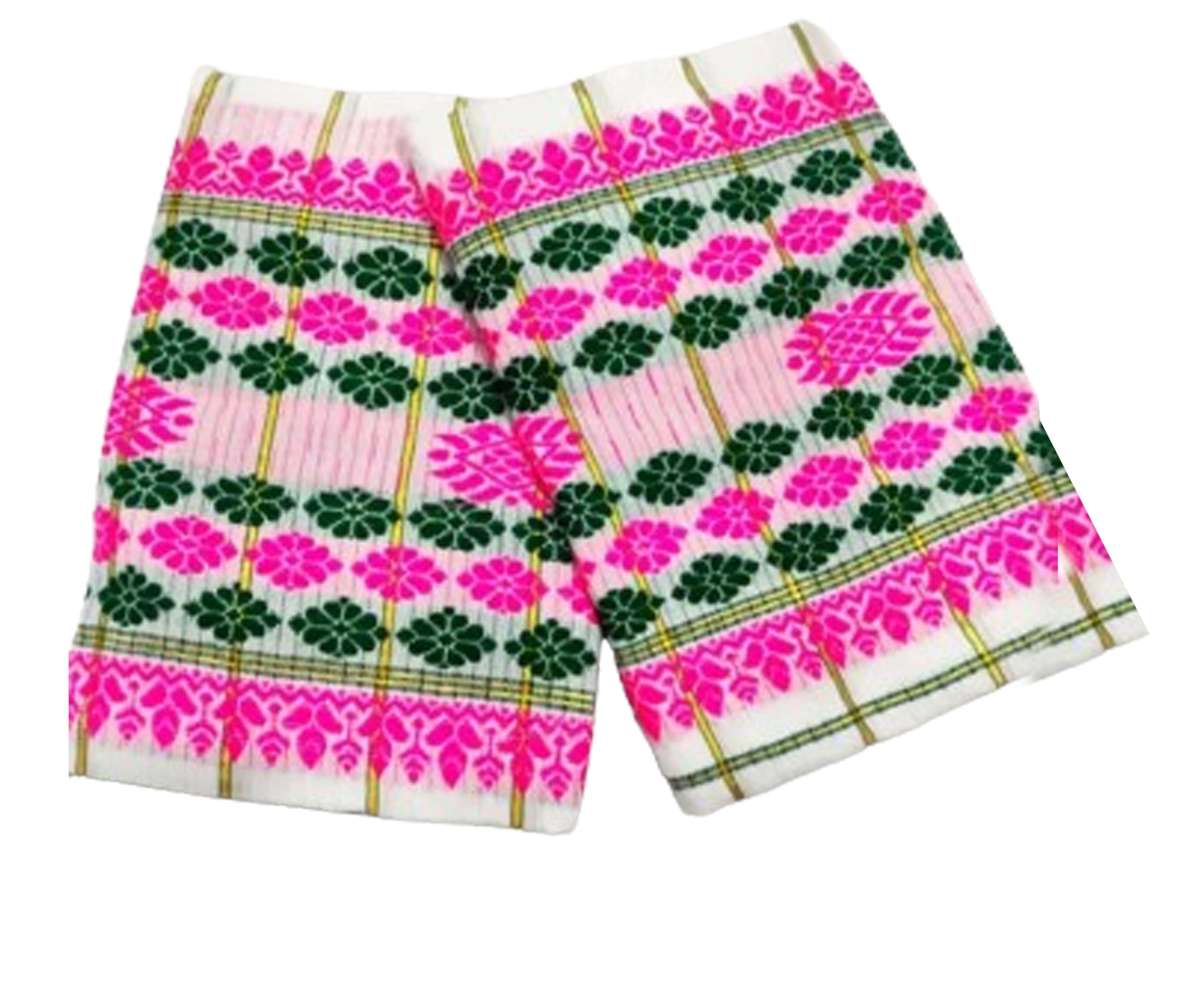 Women`s Assamese Mekhela Cotton Sador Jura Santal Panchi Parhar Pure Fabric Soft Traditional Design- Pink Black Buti