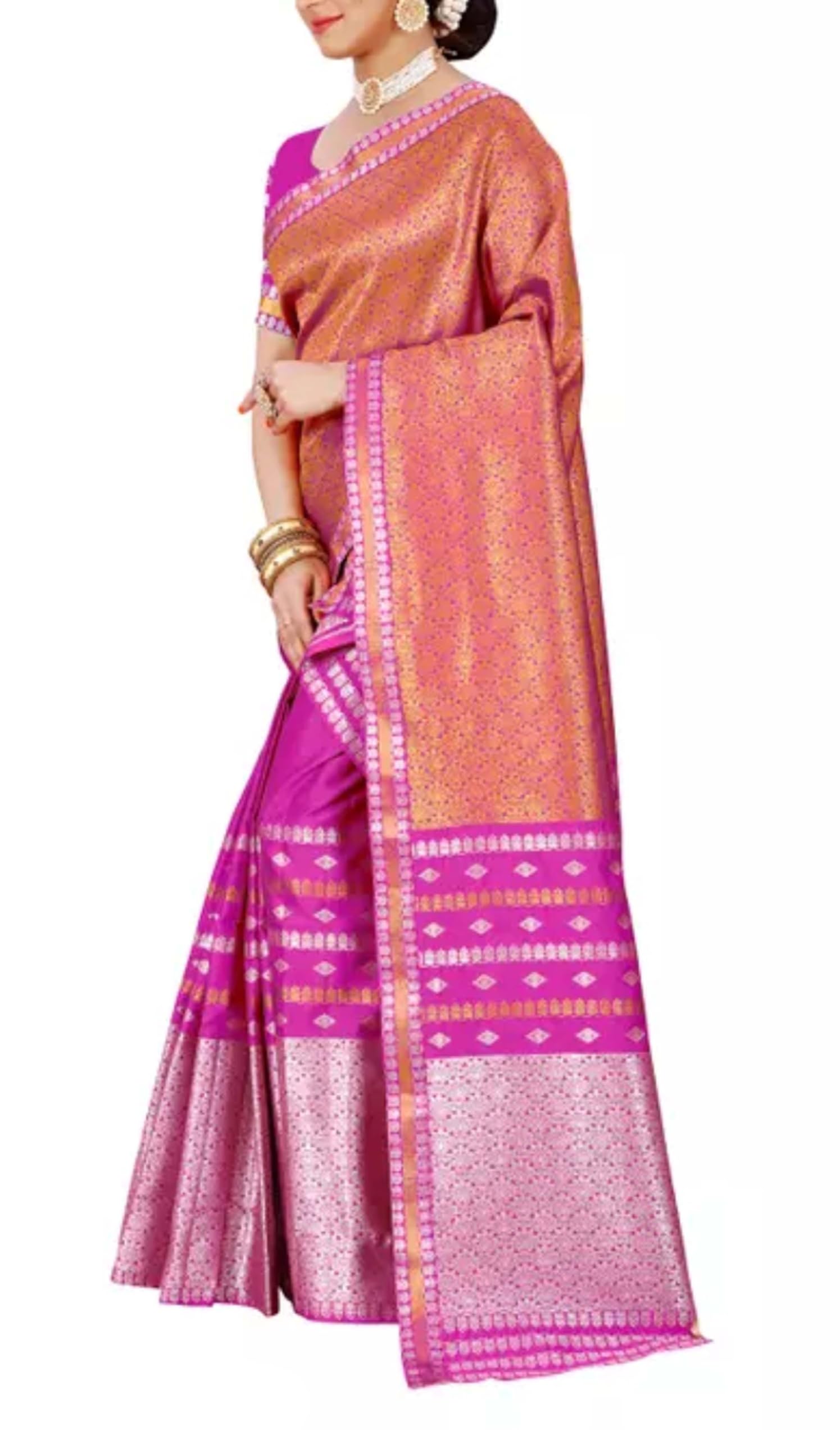 Women`s Assamese Mekhela Sador Paat Santal Panchi Lungi Parhar Fabric of Soft Silk Traditional Design- Pink Orange