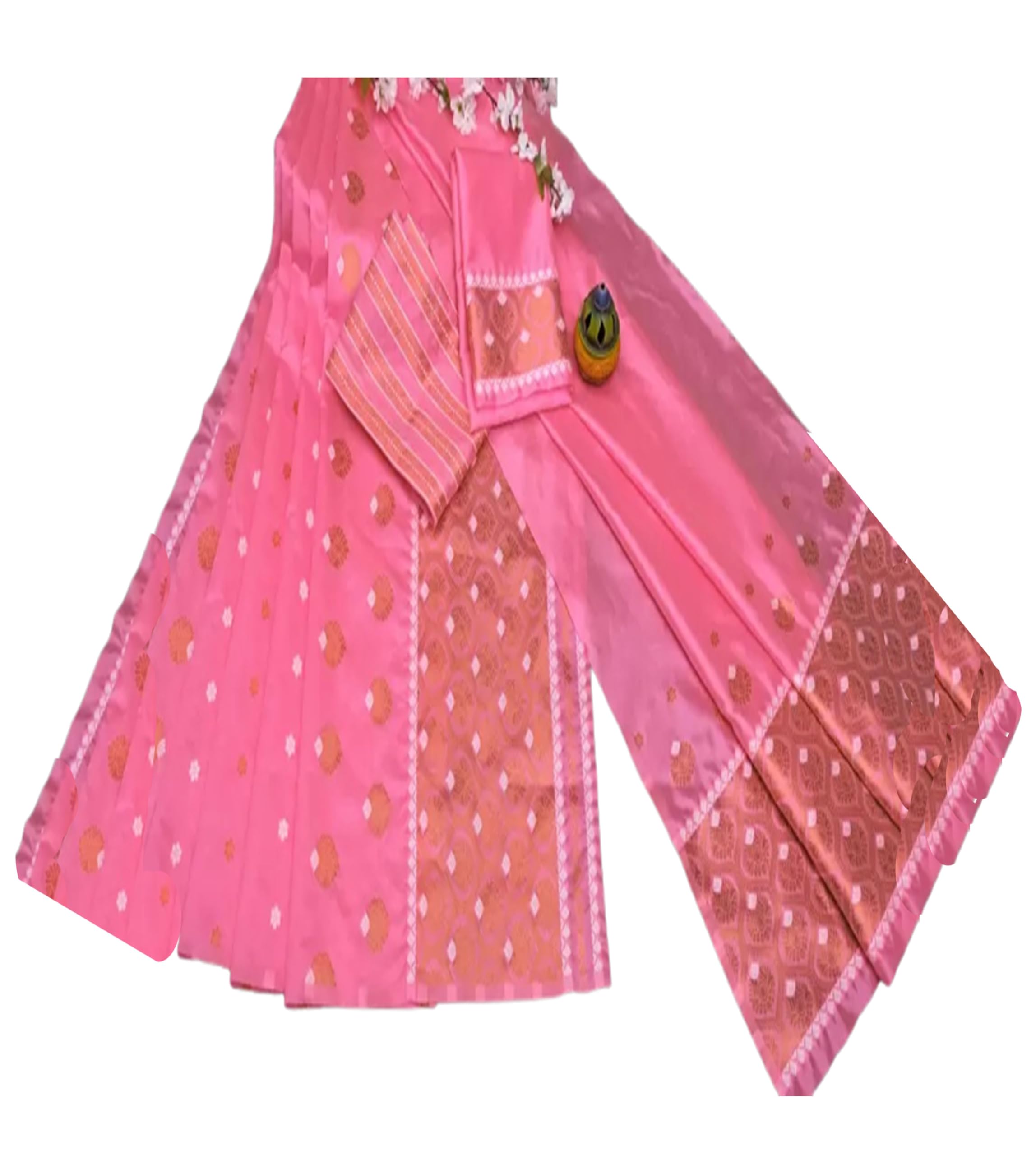 Women`s Assamese Mekhela Sador Santal Panchi Lungi Parhar Soft Silk Traditional Design- Pink