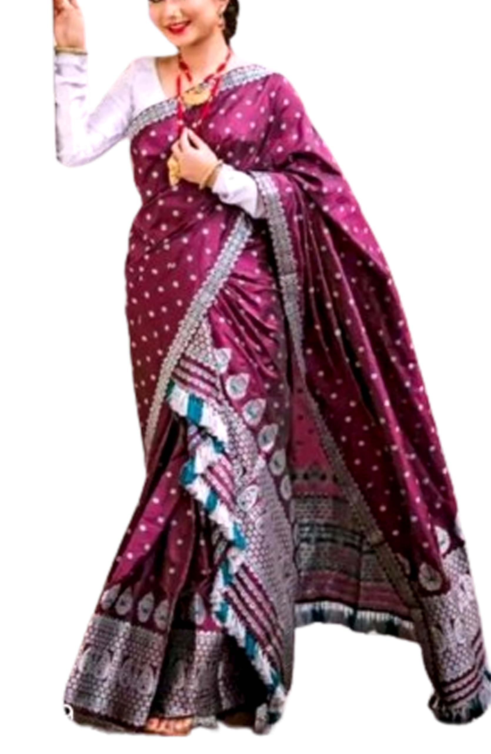 Women`s Assamese Mekhela Sador Traditional Design- Maroon