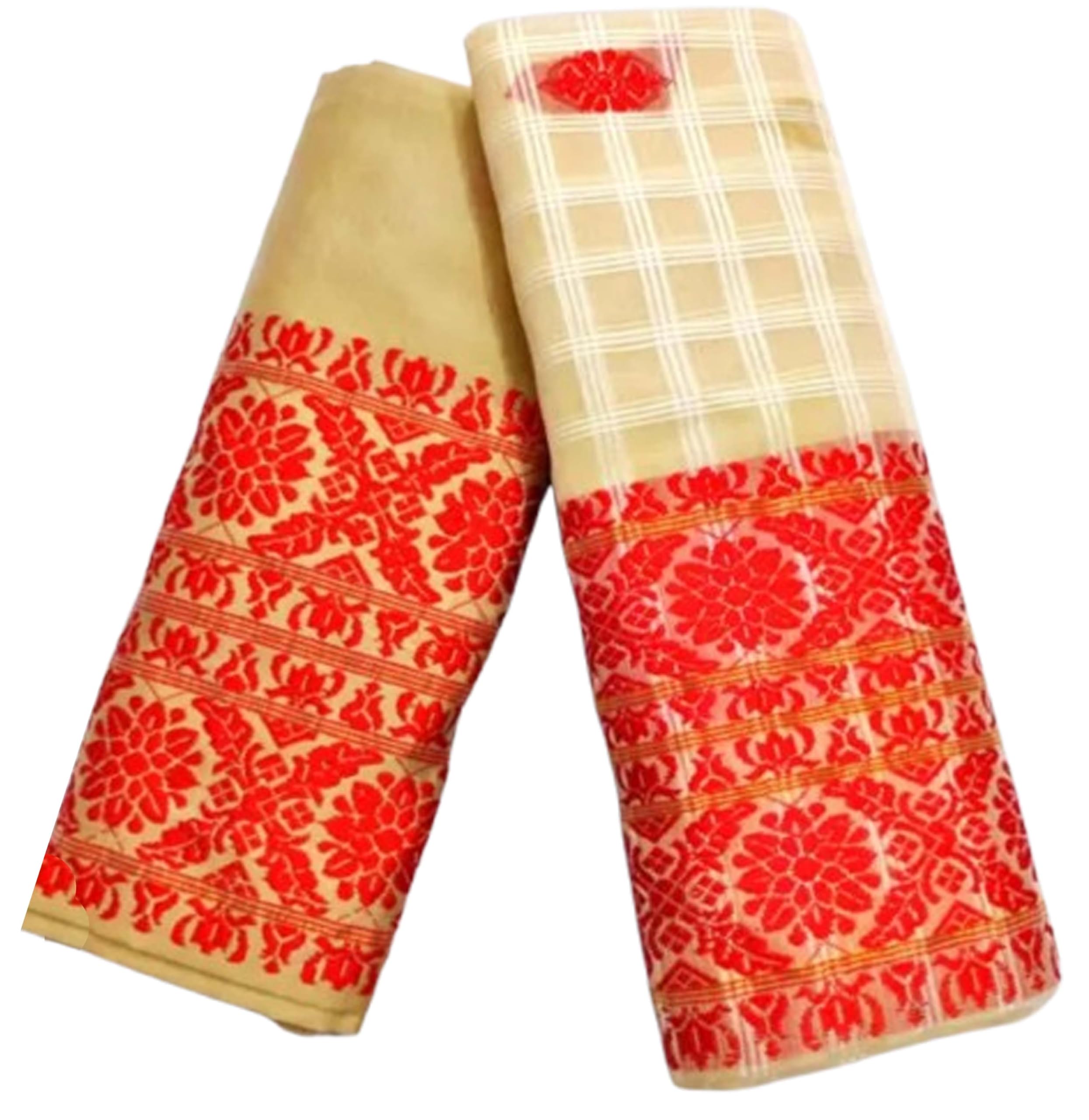 Women`s Assamese Mekhela Sador Santal Panchi Lungi Parhar Fabric of Soft Silk Traditional Design- Cream Red CR