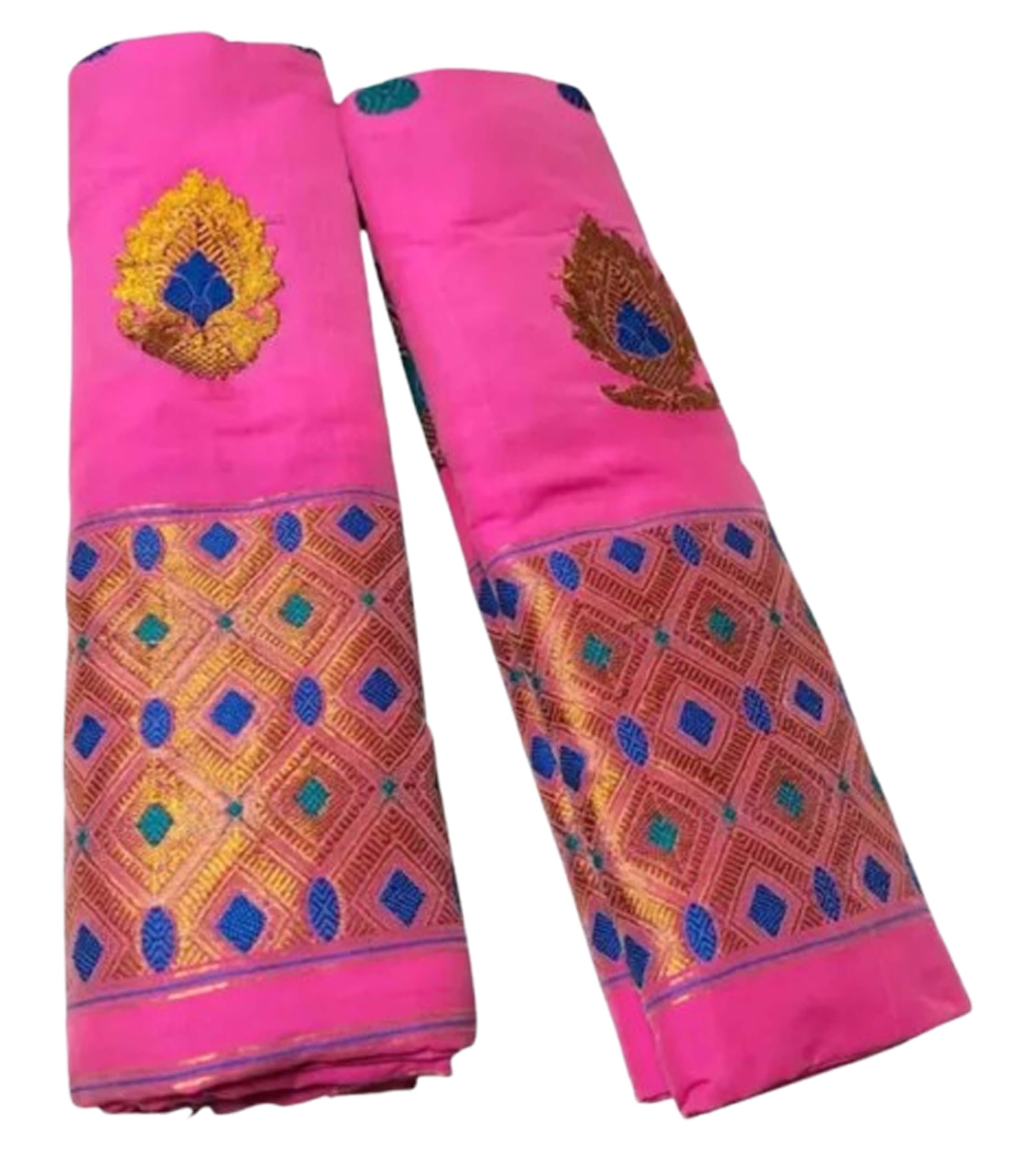 Women`s Assamese Mekhela Sador Paat Santal Panchi Lungi Parhar Fabric of Soft Silk Traditional Design- Pink Gold