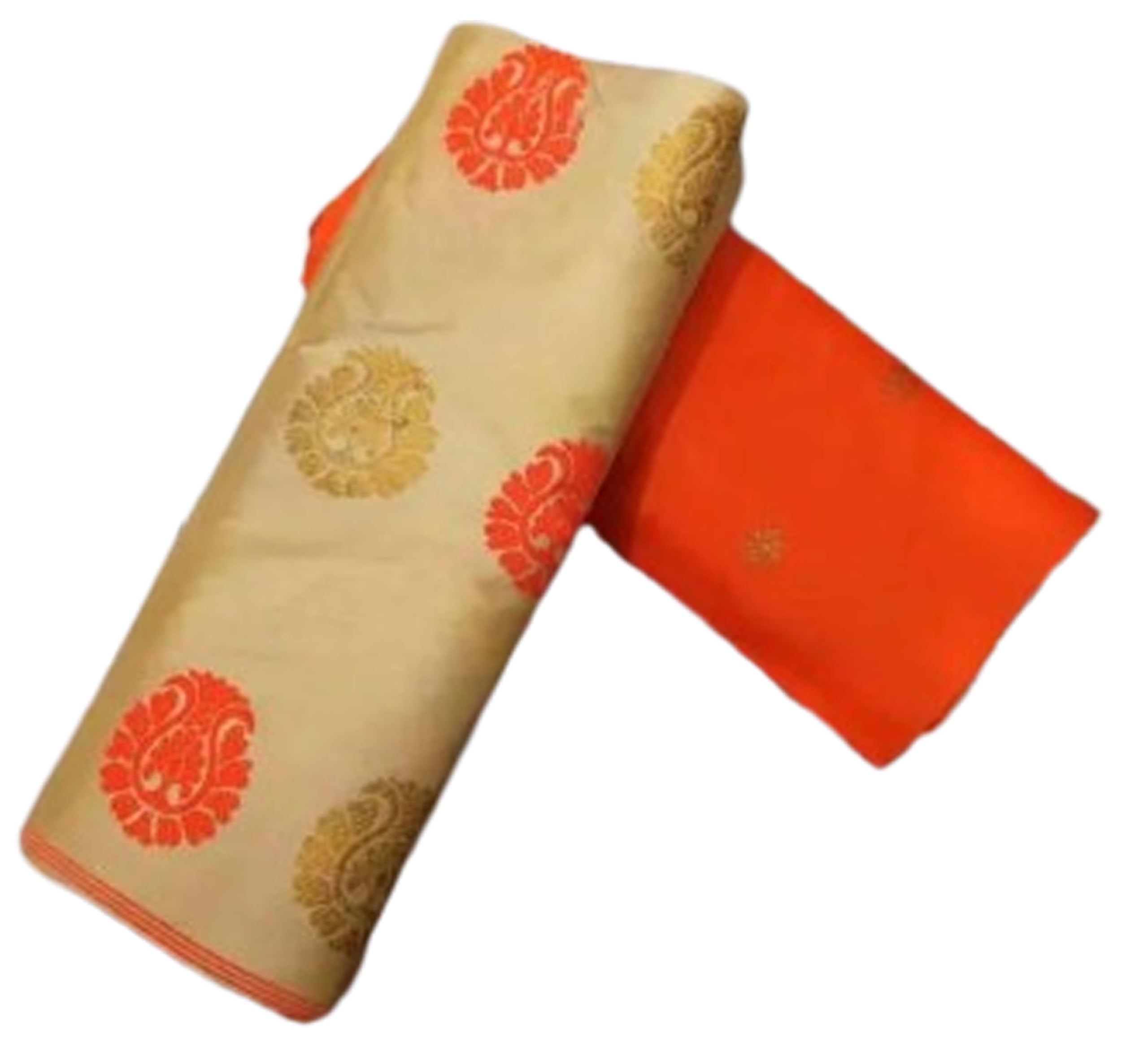 Women`s Assamese Mekhela Sador Traditional Design- Cream Orange