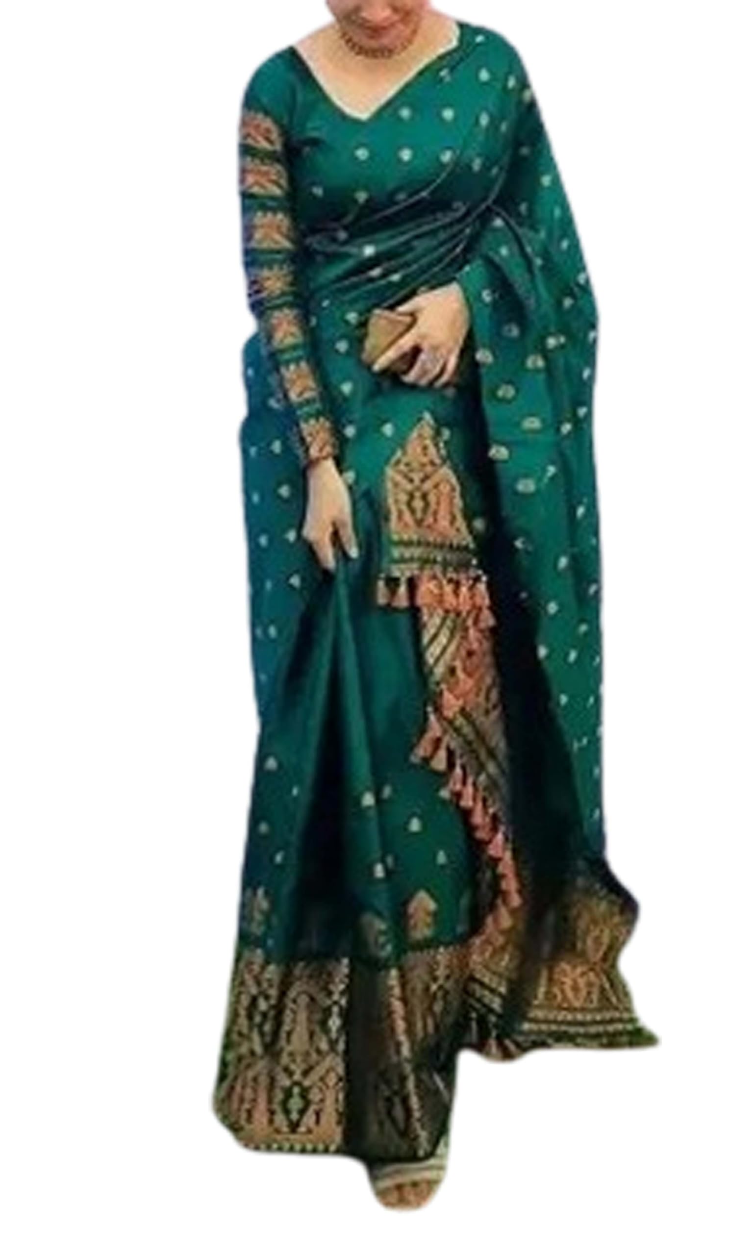 Women`s Assamese Mekhela Sador Traditional Design- Green Brown