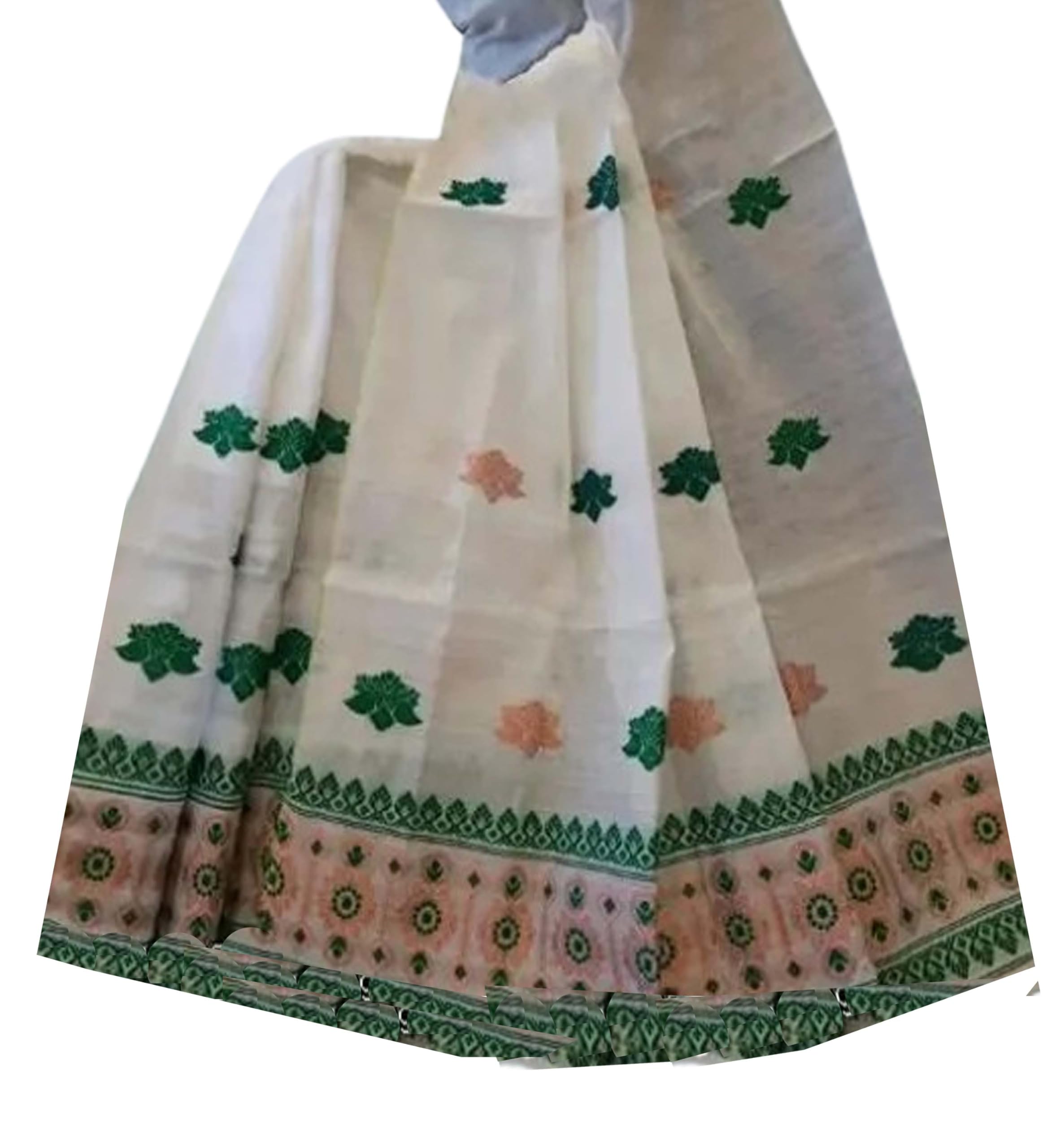 Women`s Assamese Mekhela Sador Chador Pat Traditional Design- White Green Flower