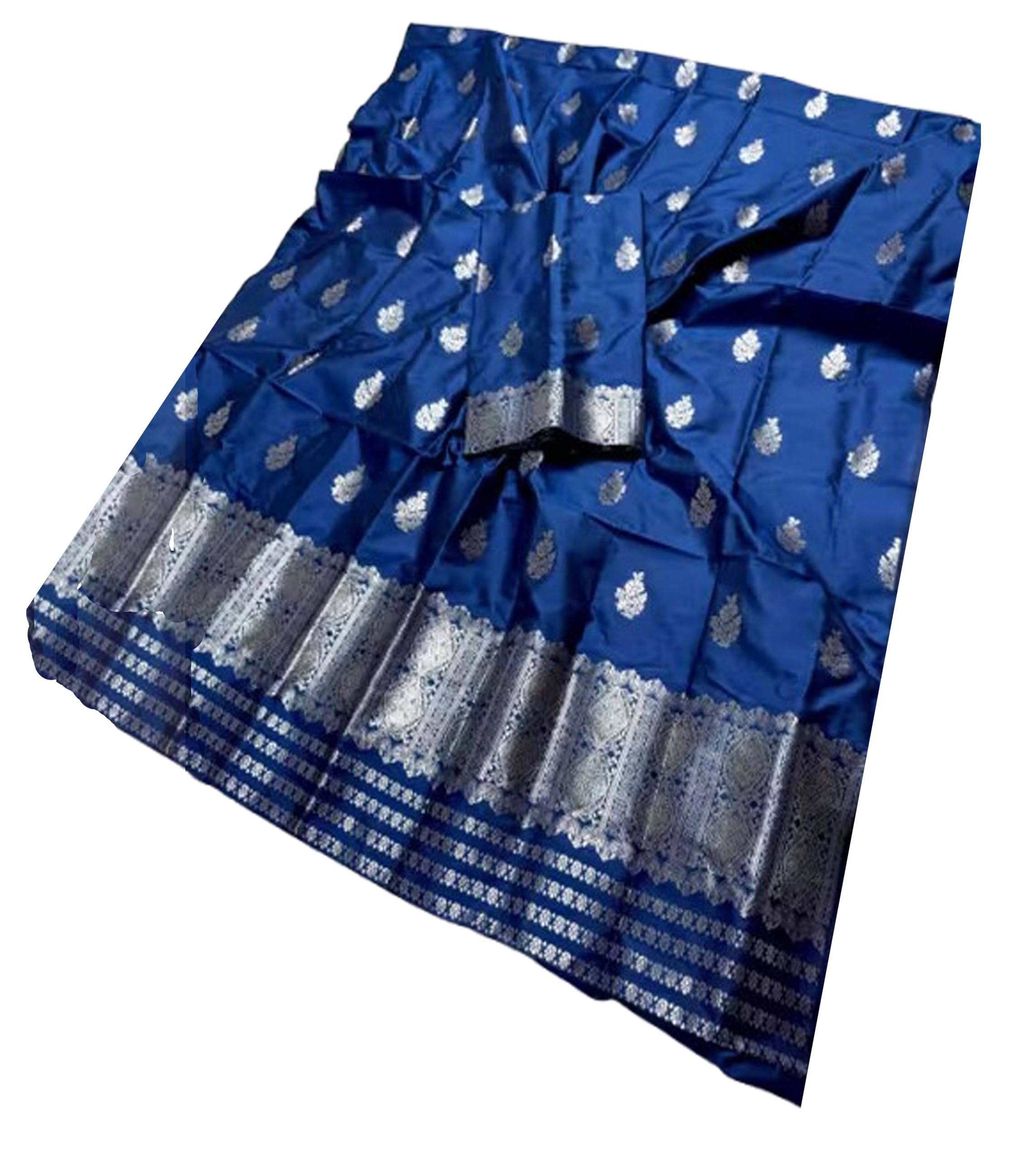 Women`s Assamese Mekhela Sador Traditional Design- Blue Silver Design