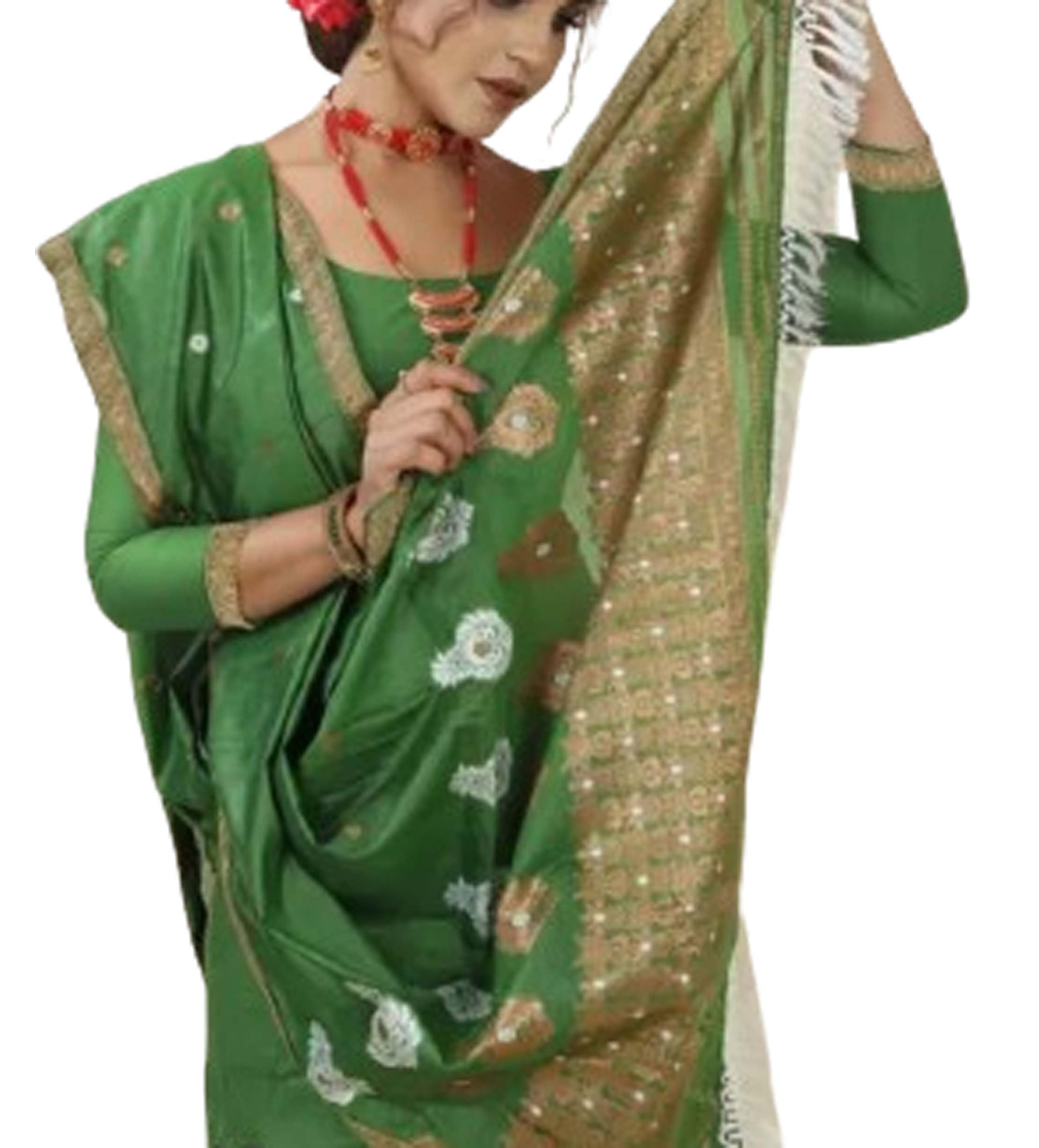 Women`s Bridal Assamese Mekhela Sador Chador Pat Traditional Design-Green Gold