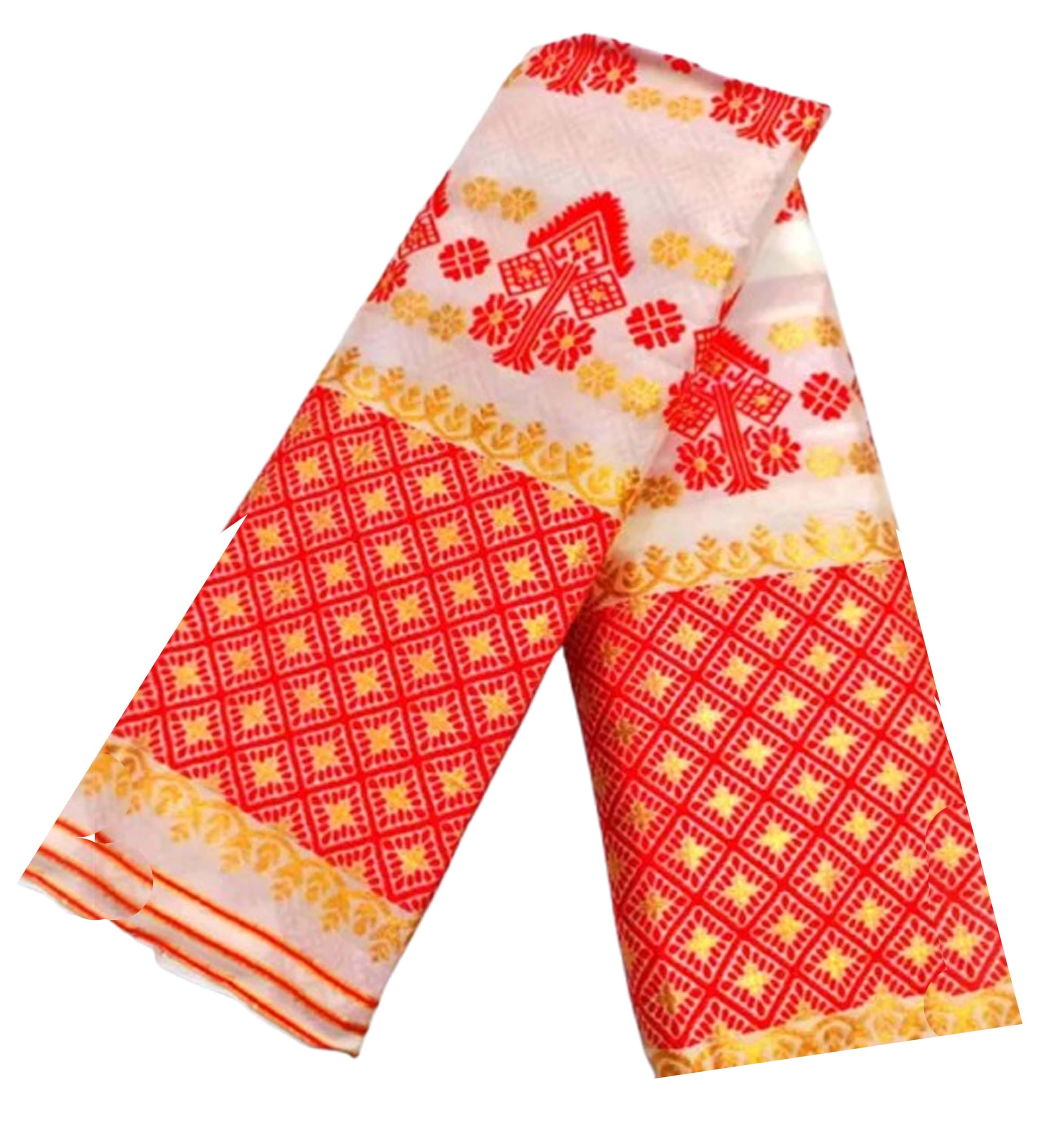 Women`s Assamese Mekhela Sador Traditional Design- White Red Orange Buti