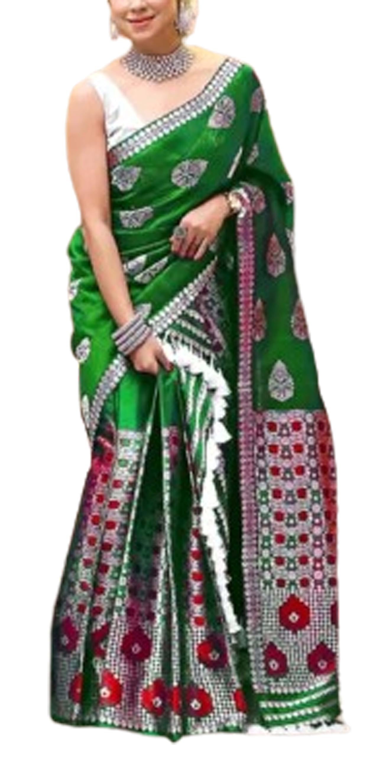 Women`s Assamese Mekhela Cotton Sador Jura Santal Panchi Parhar Pure Fabric Soft Traditional Design- Green Red