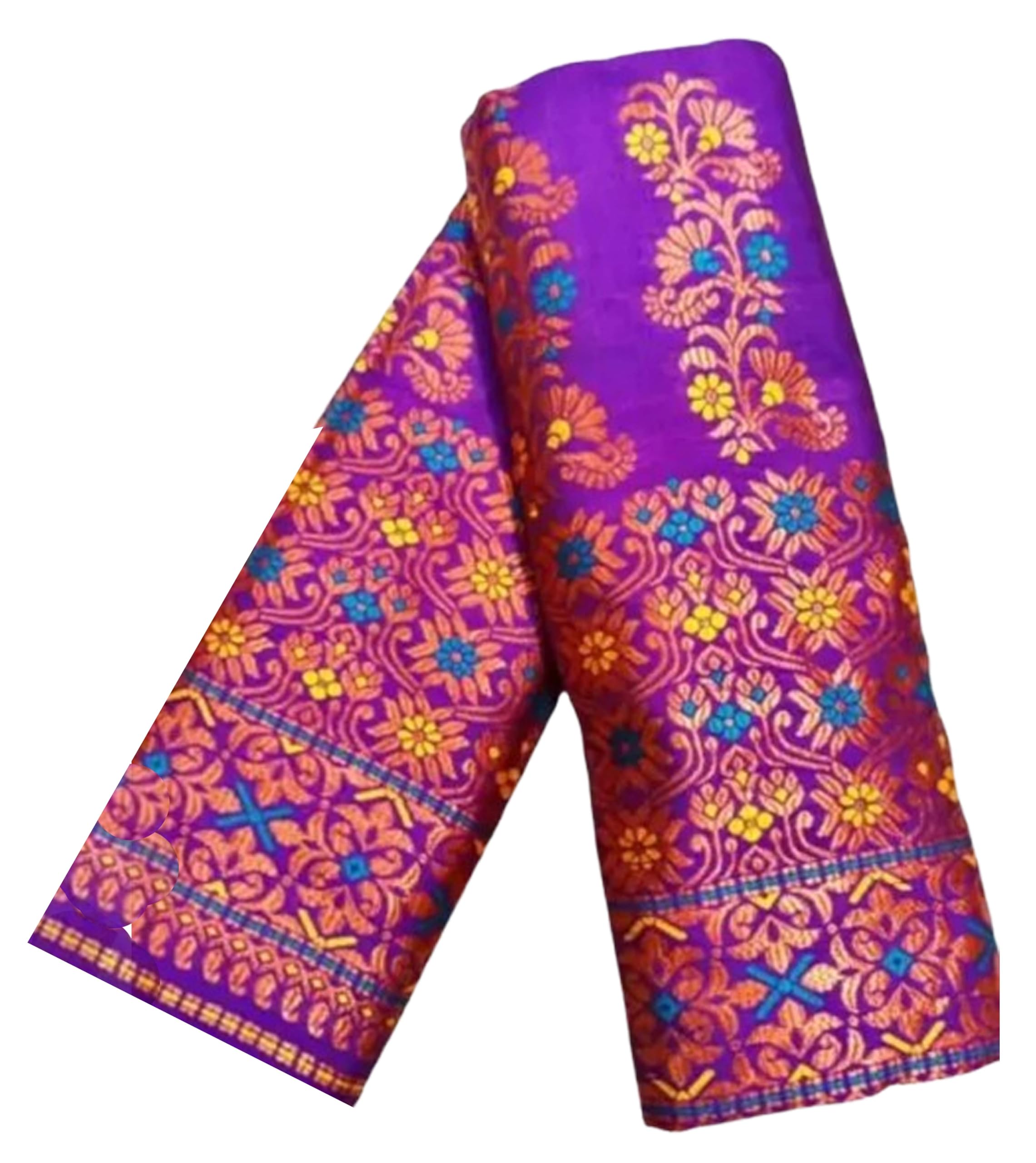 Women`s Assamese Mekhela Sador Paat Santal Panchi Lungi Parhar Fabric of Soft Silk Design- Purple Gold