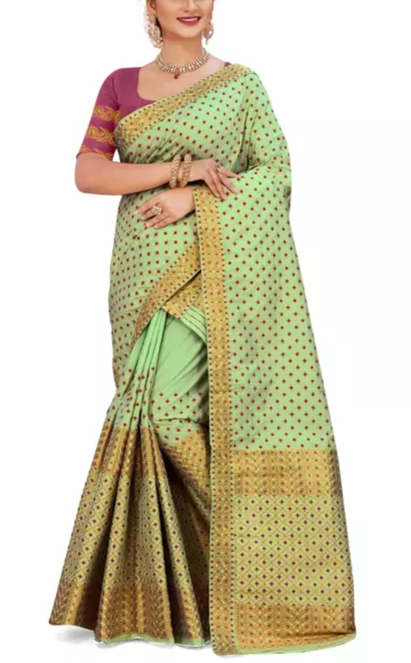 Women`s Assamese Mekhela Sador Traditional Design- Parrot Green Buti