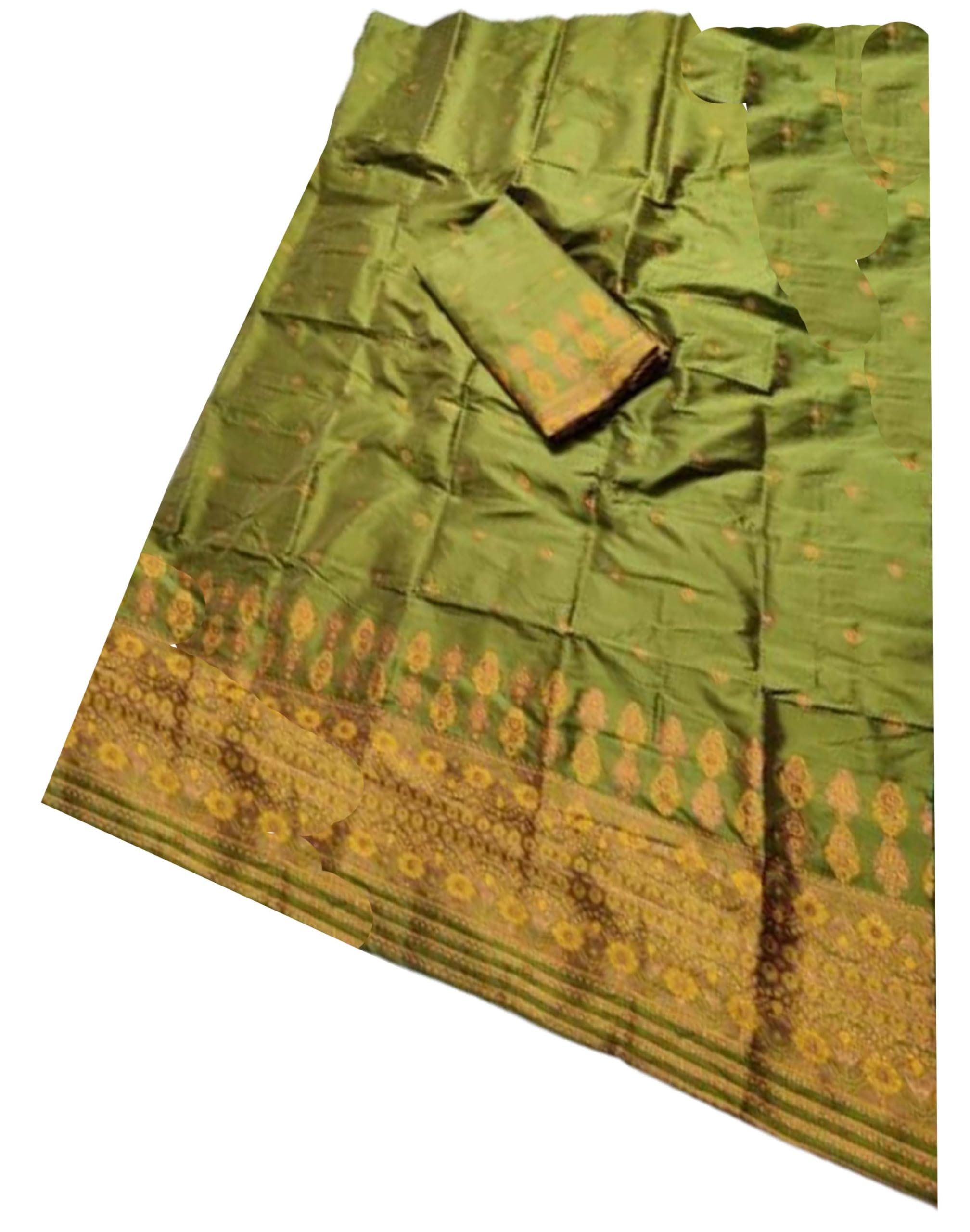 Women`s Assamese Mekhela Sador Traditional Design- Olive Green