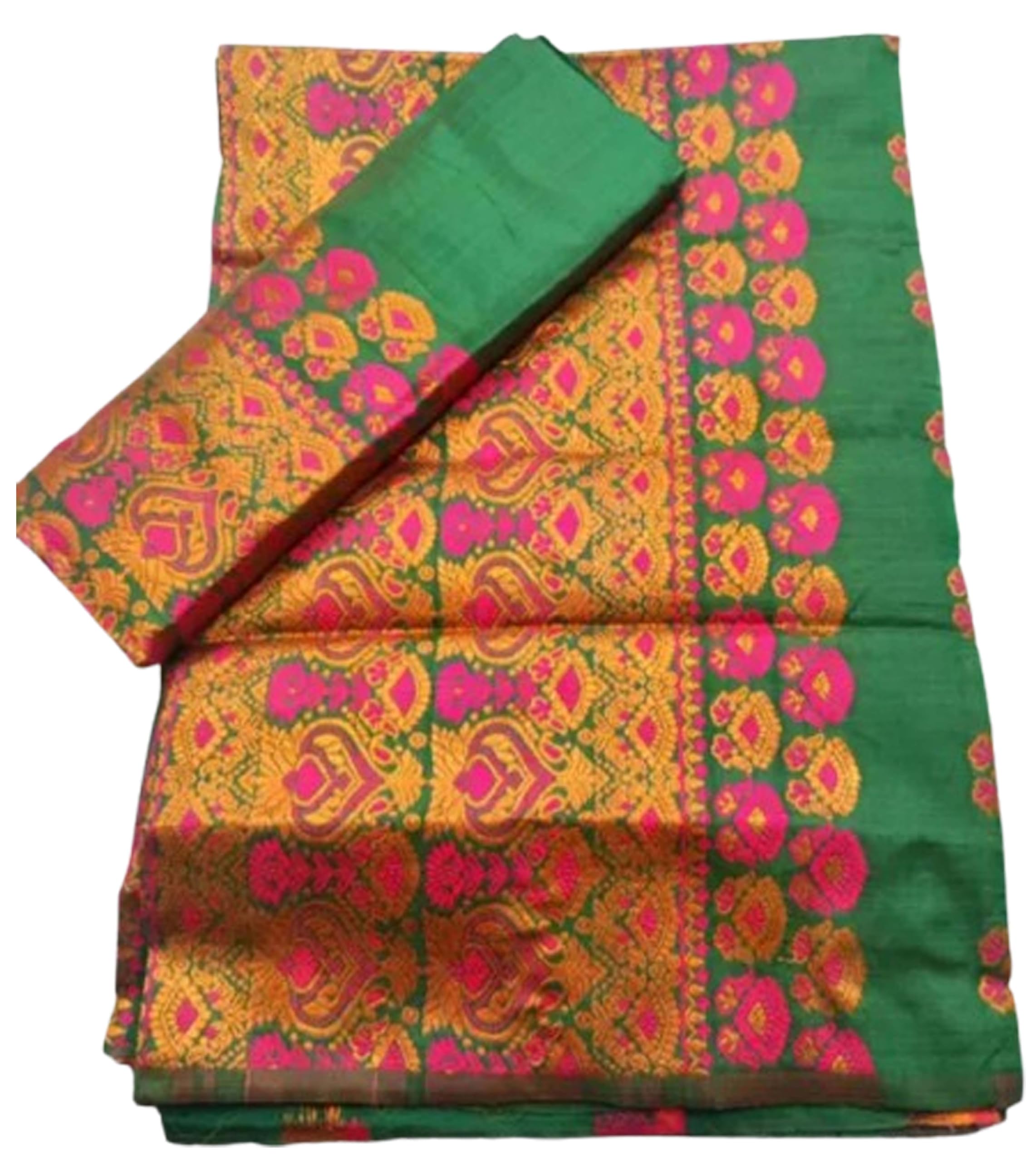Women`s Assamese Mekhela Sador Traditional Design- Green Gold