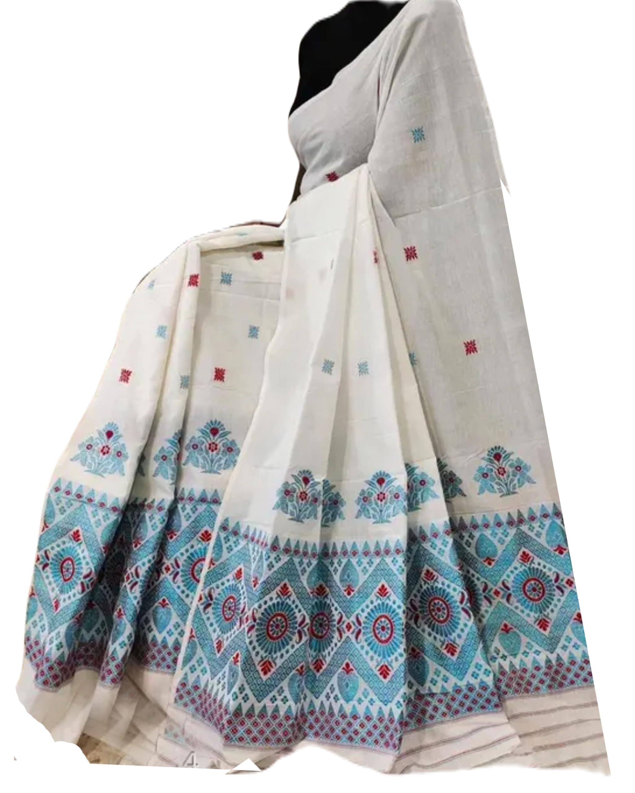Women Cotton `S Assamese Mekhela Sador Pure Fabric Soft Traditional Design Saree - White Blue