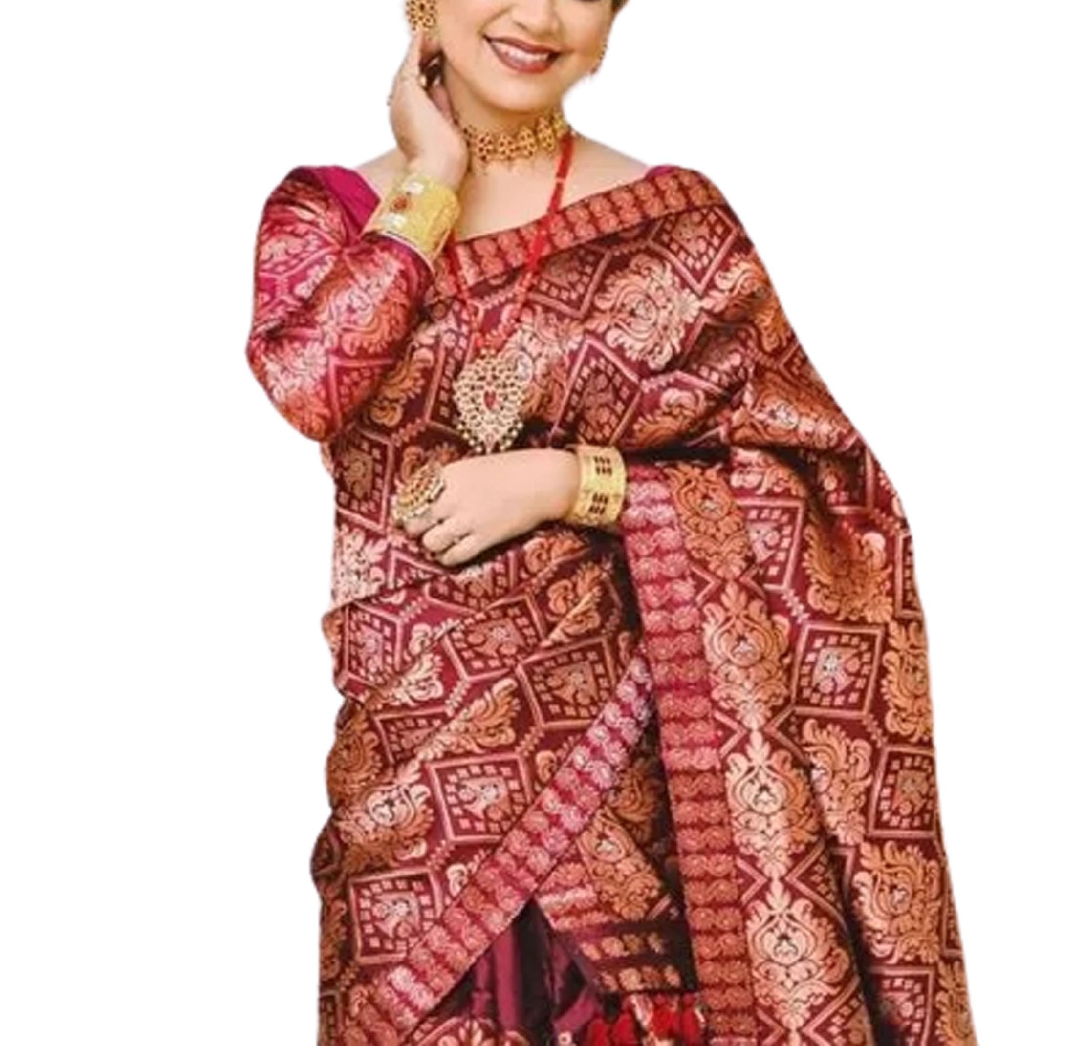 Women`s Assamese Bridal Wedding Mekhela Sador Pure Fabric of Soft Silk Traditional Design- Maroon Brown