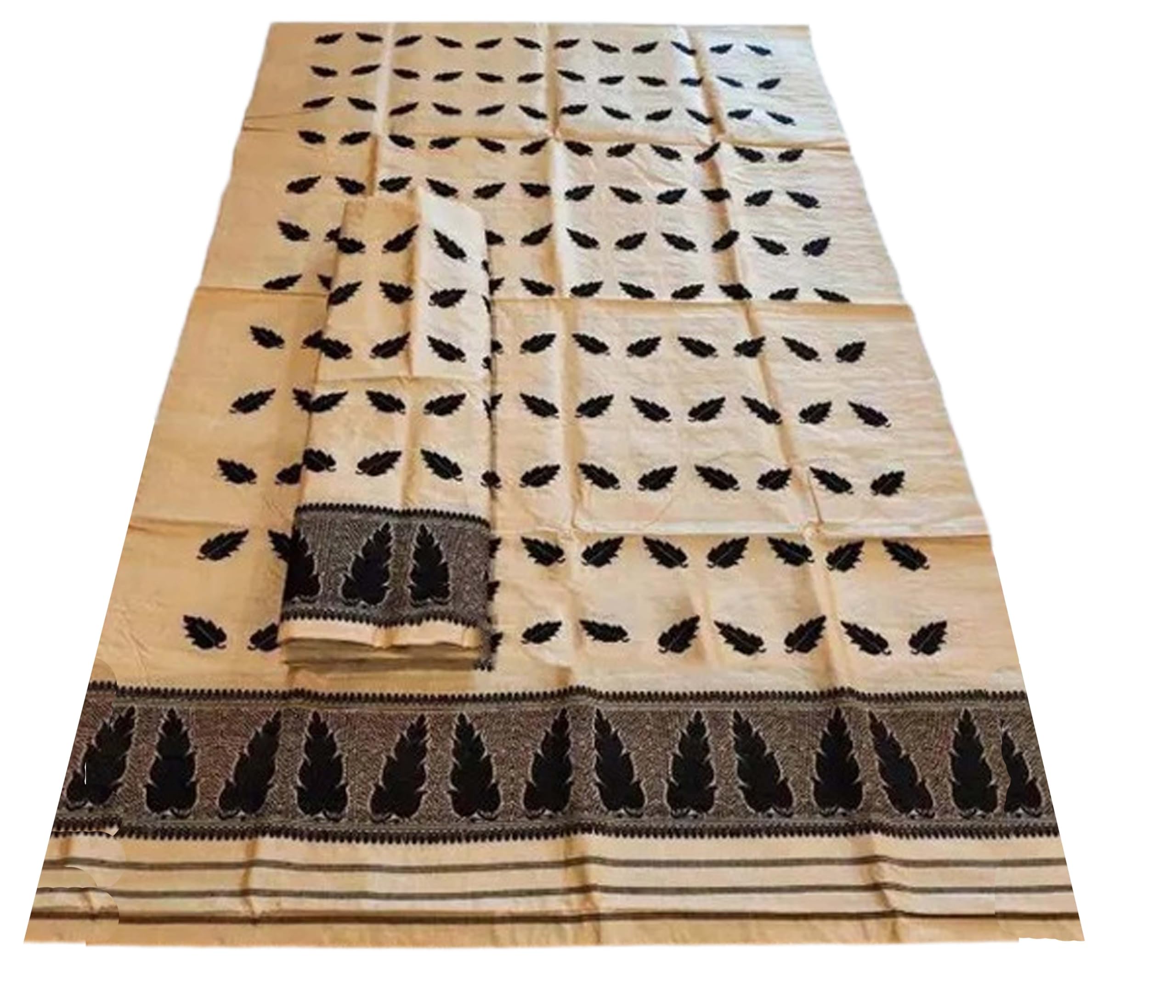 Women`s Assamese Mekhela Sador Fabric of Soft Silk Traditional Design- Cream(Black Leaves)