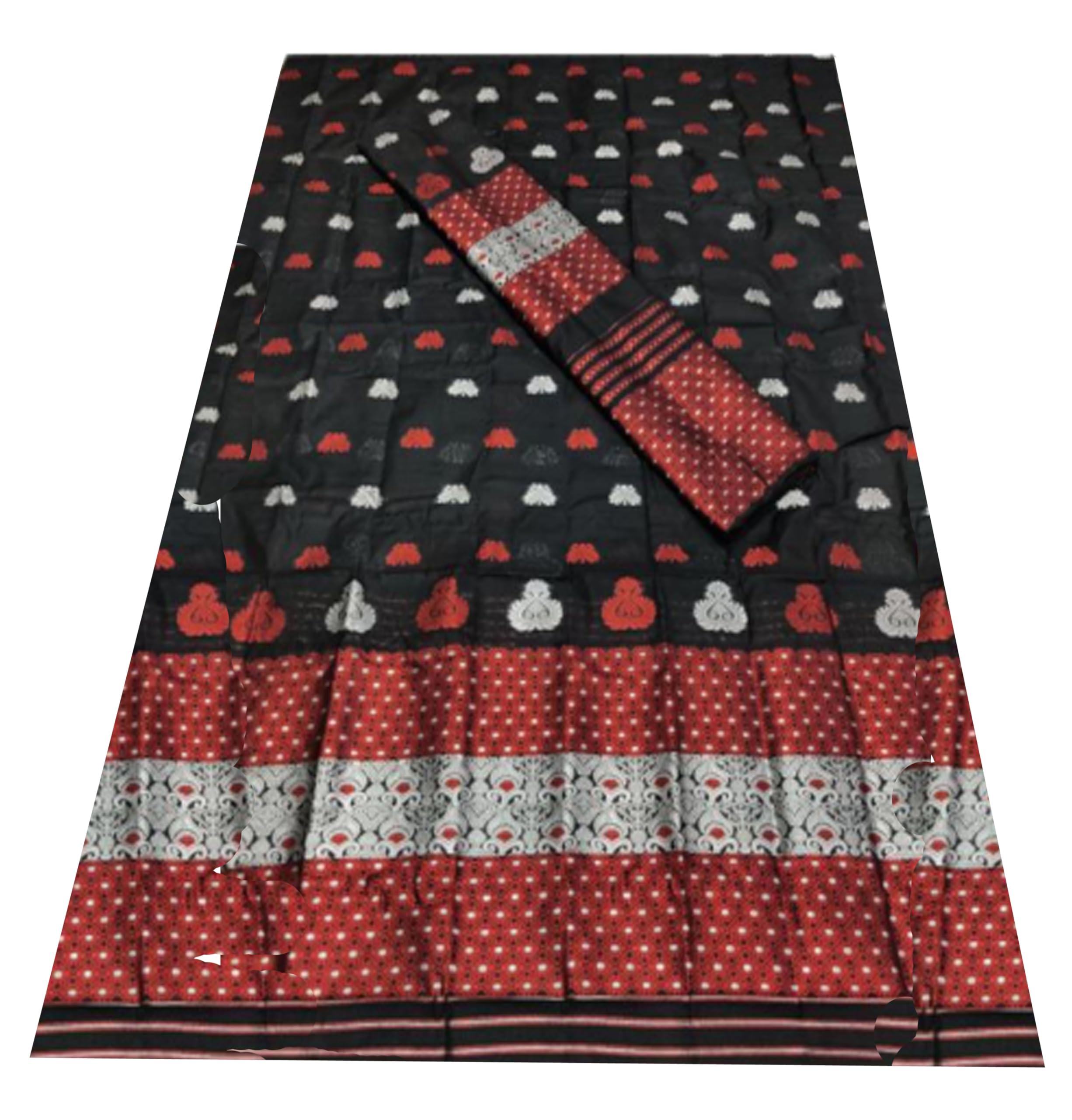 Women`s Assamese Mekhela Sador Jura Santal Parhar Soft Silk Traditional Design- Black
