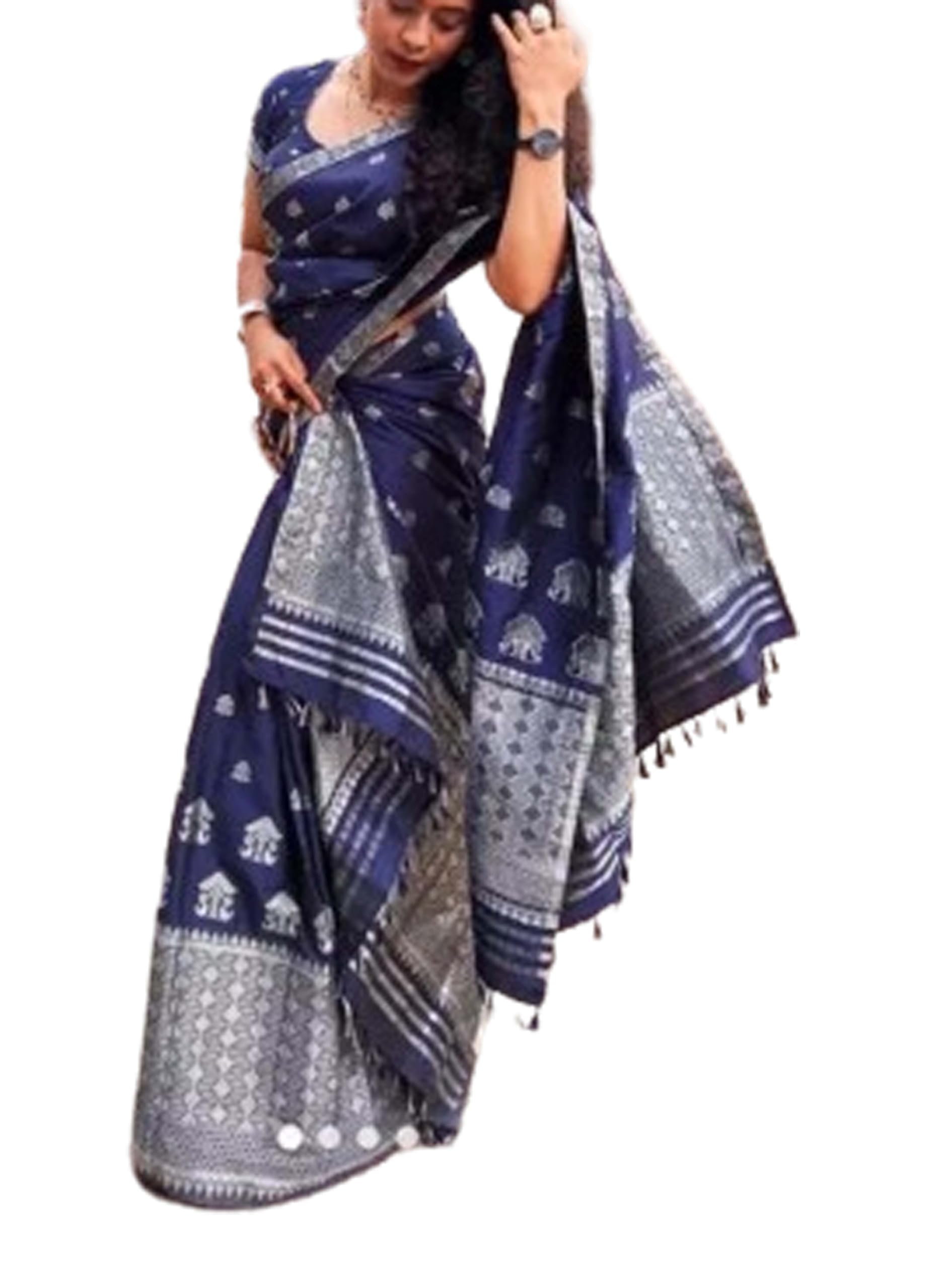 Women`s Assamese Mekhela Sador Traditional Design- Navy blue Silver
