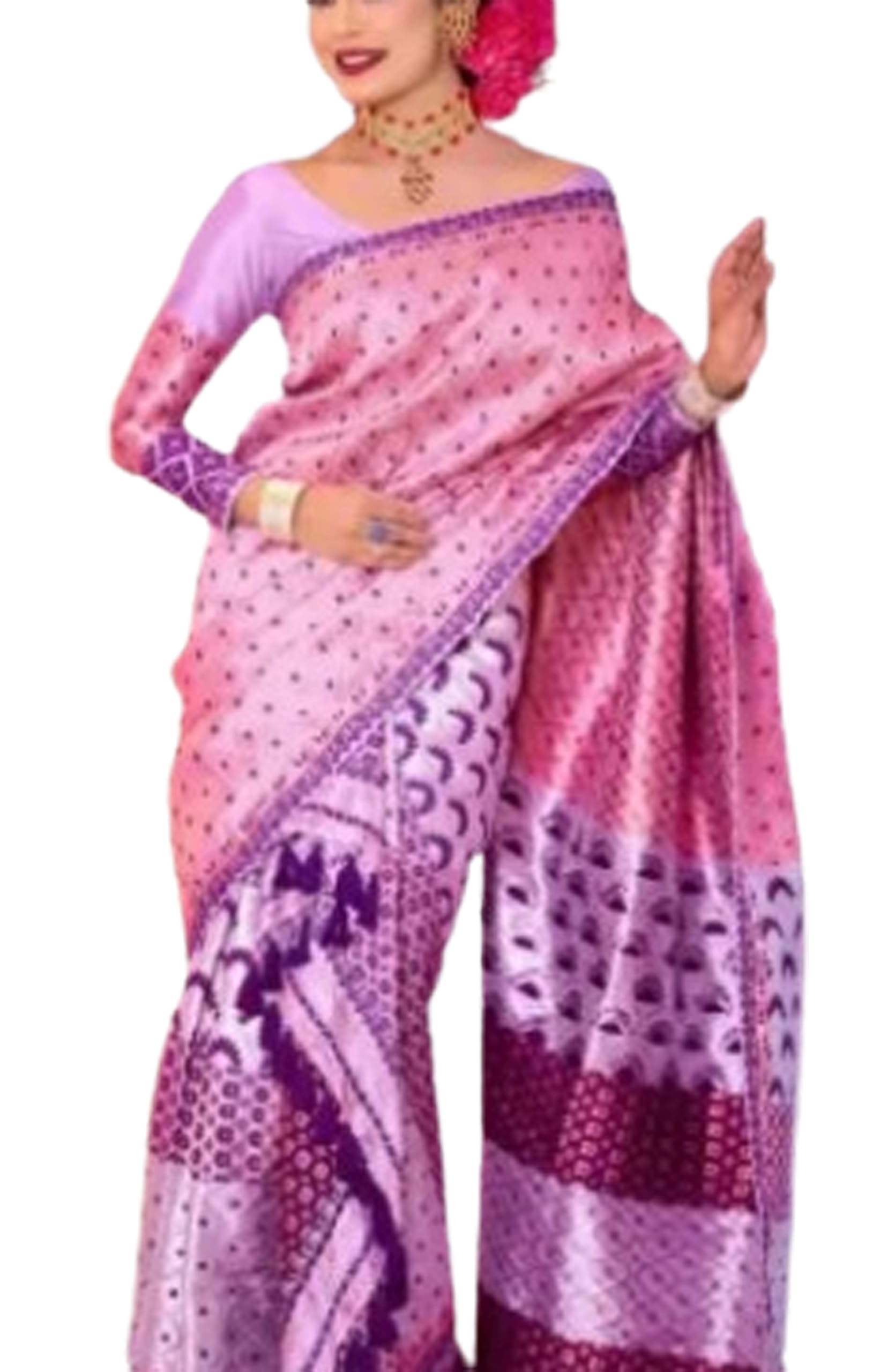 Women`s Assamese Mekhela Sador Pat Soft Silk Traditional Design- Pink Purple